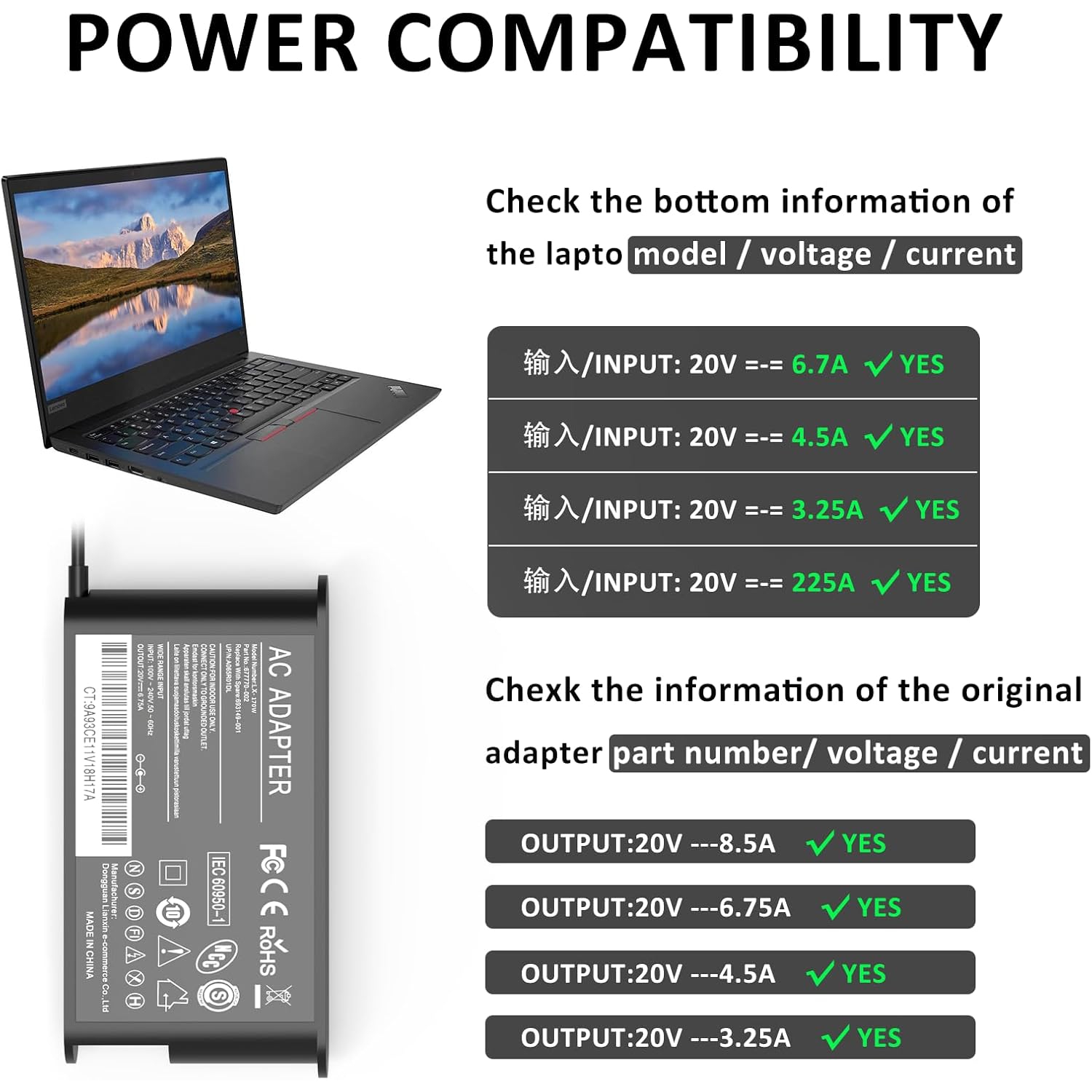 Chargeur adaptateur c.a. de 170 W pour Lenovo Thinkpad W540 W541 P50 P51 P52 P53 P1 P70 P71 P73 P15 P17 T15 g X1 T540p E440 E450 E560p