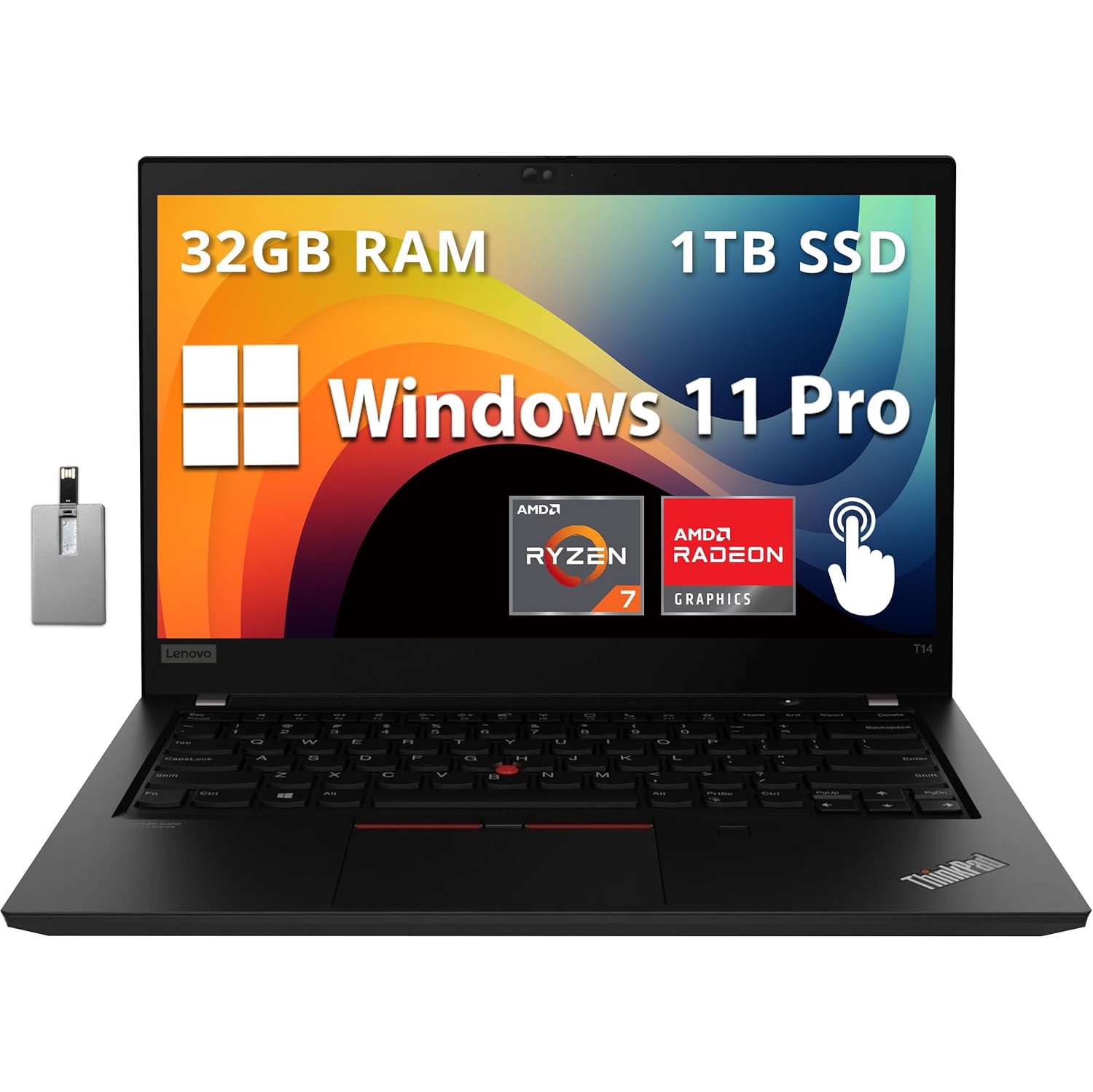 Lenovo ThinkPad T14 Gen 2 Business Laptop, 14" FHD Display, AMD Ryzen 7 Pro 5850U, 2TB PCIe SSD, 32GB RAM, AMD Radeon Graphics, Wi-Fi 6, Win 11 Pro, Black, 32GB Hotface USB Card