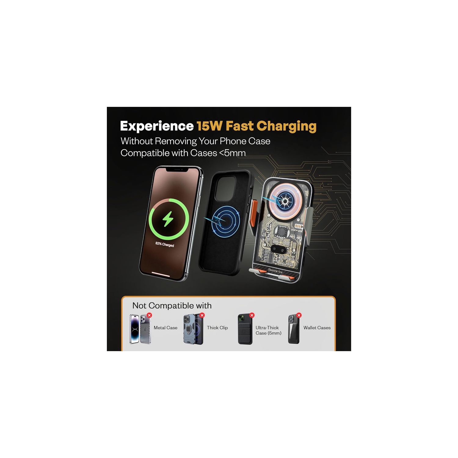 Wireless Car Charger & Phone Holder, 15W Fast Charging, Auto-Clamping, Qi-Certified, Universal Air Vent Mount, Compatible with iPhone, Galaxy &