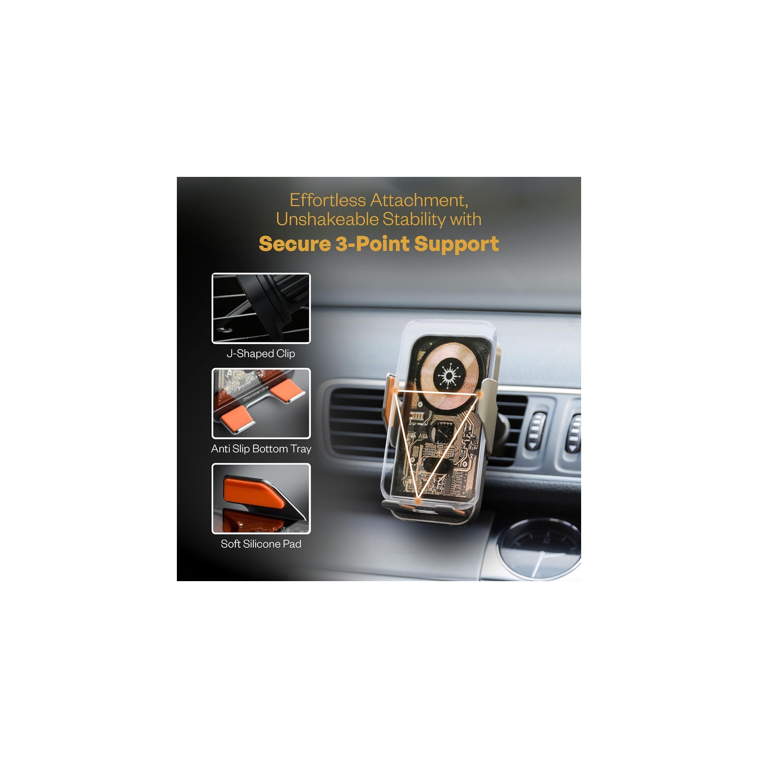 Wireless Car Charger & Phone Holder, 15W Fast Charging, Auto-Clamping, Qi-Certified, Universal Air Vent Mount, Compatible with iPhone, Galaxy &