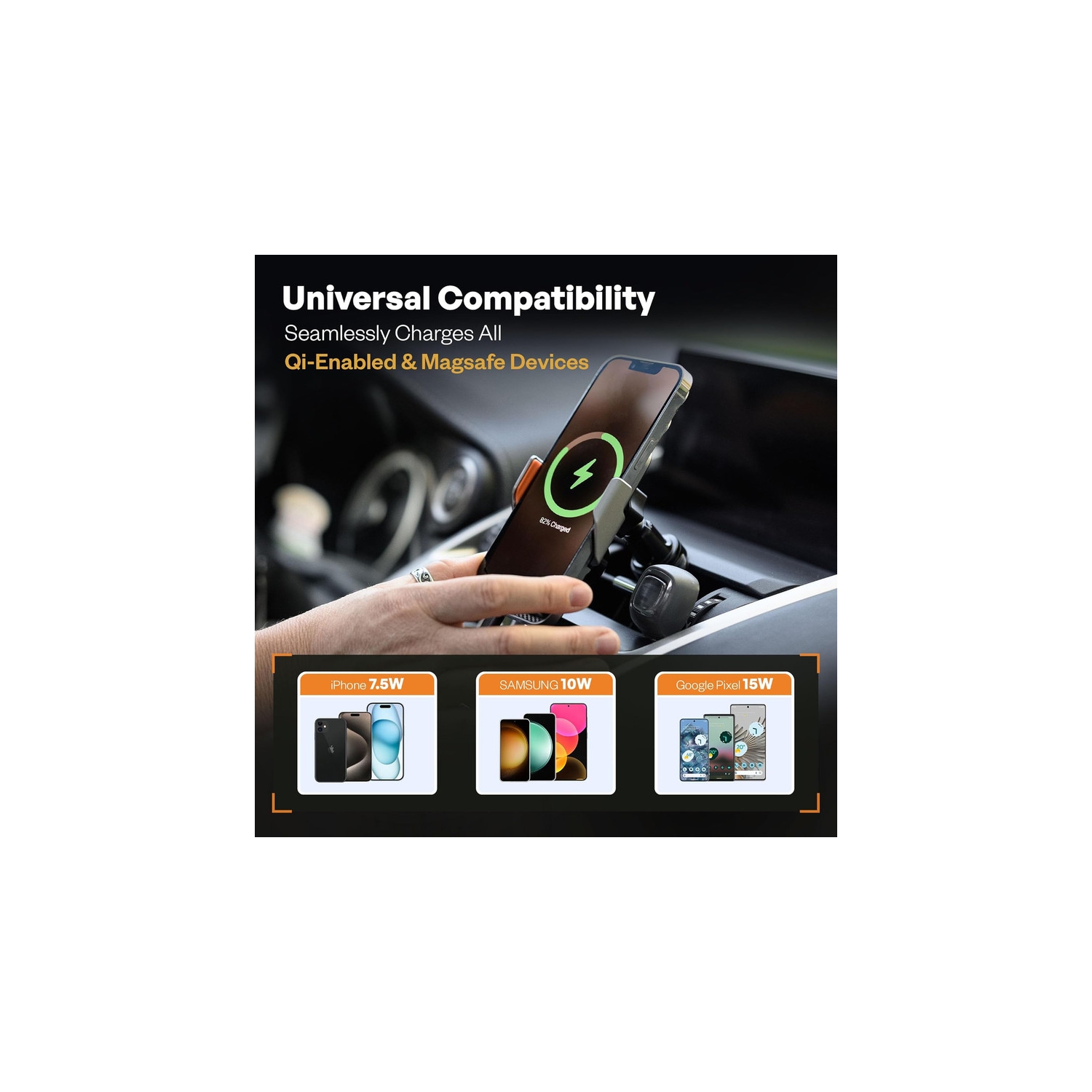 Wireless Car Charger & Phone Holder, 15W Fast Charging, Auto-Clamping, Qi-Certified, Universal Air Vent Mount, Compatible with iPhone, Galaxy &