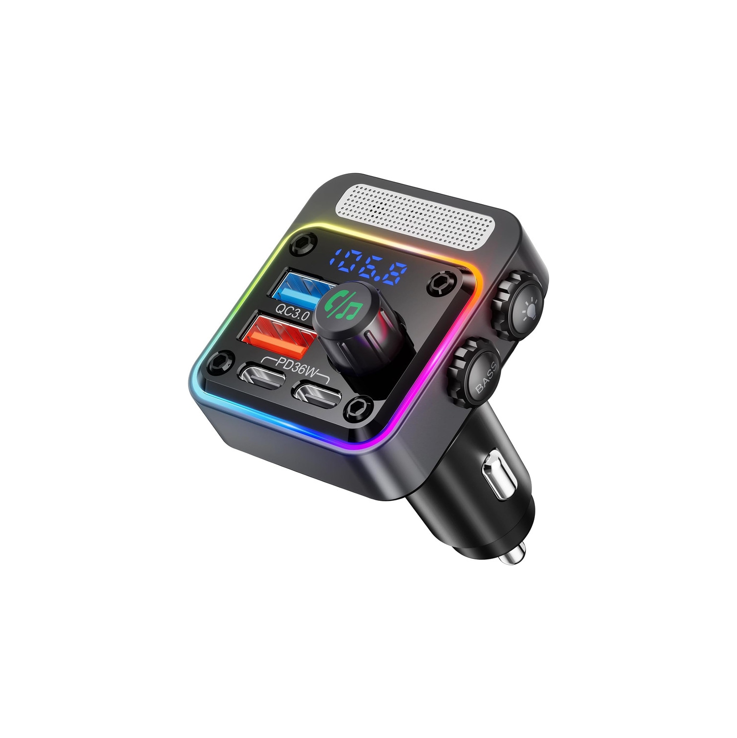 54W Bluetooth 5.3 Car Adapter with 4 Charging Ports [PD 36W & QC3.0 18W], Wireless Radio FM Transmitter with Deep Bass Player & 5 Colors LED Backlit,