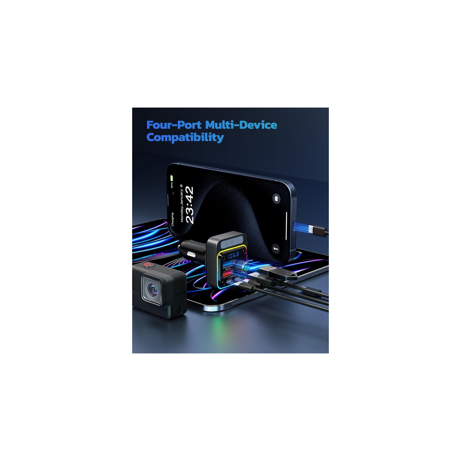 54W Bluetooth 5.3 Car Adapter with 4 Charging Ports [PD 36W & QC3.0 18W], Wireless Radio FM Transmitter with Deep Bass Player & 5 Colors LED Backlit,