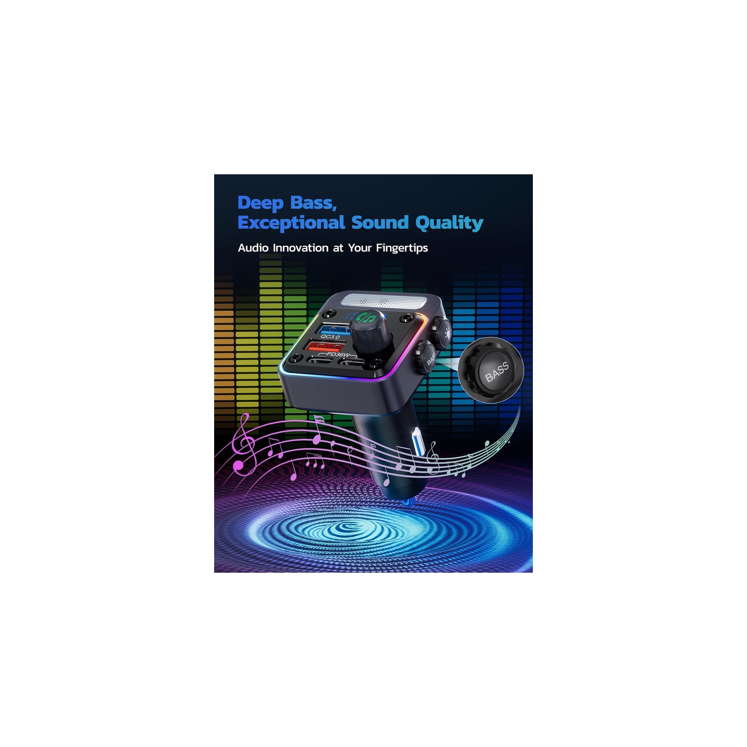 54W Bluetooth 5.3 Car Adapter with 4 Charging Ports [PD 36W & QC3.0 18W], Wireless Radio FM Transmitter with Deep Bass Player & 5 Colors LED Backlit,