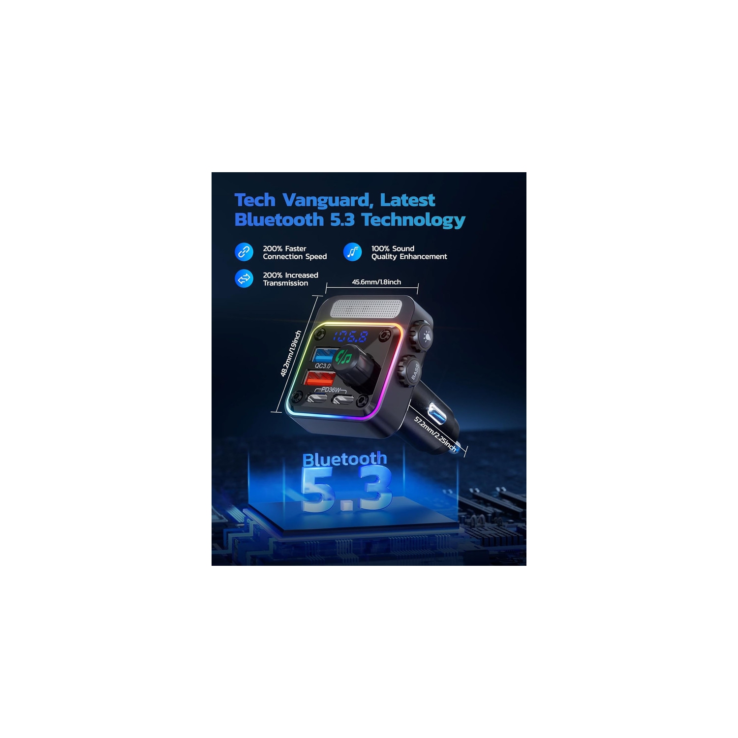 54W Bluetooth 5.3 Car Adapter with 4 Charging Ports [PD 36W & QC3.0 18W], Wireless Radio FM Transmitter with Deep Bass Player & 5 Colors LED Backlit,