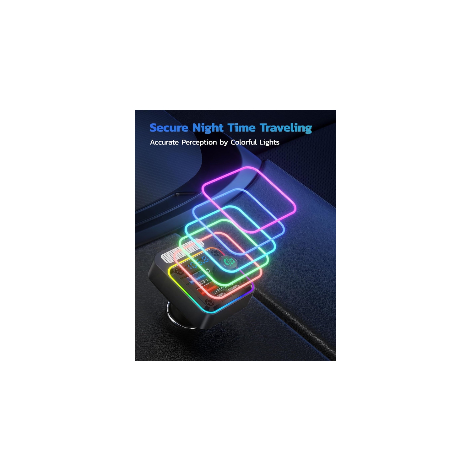 54W Bluetooth 5.3 Car Adapter with 4 Charging Ports [PD 36W & QC3.0 18W], Wireless Radio FM Transmitter with Deep Bass Player & 5 Colors LED Backlit,