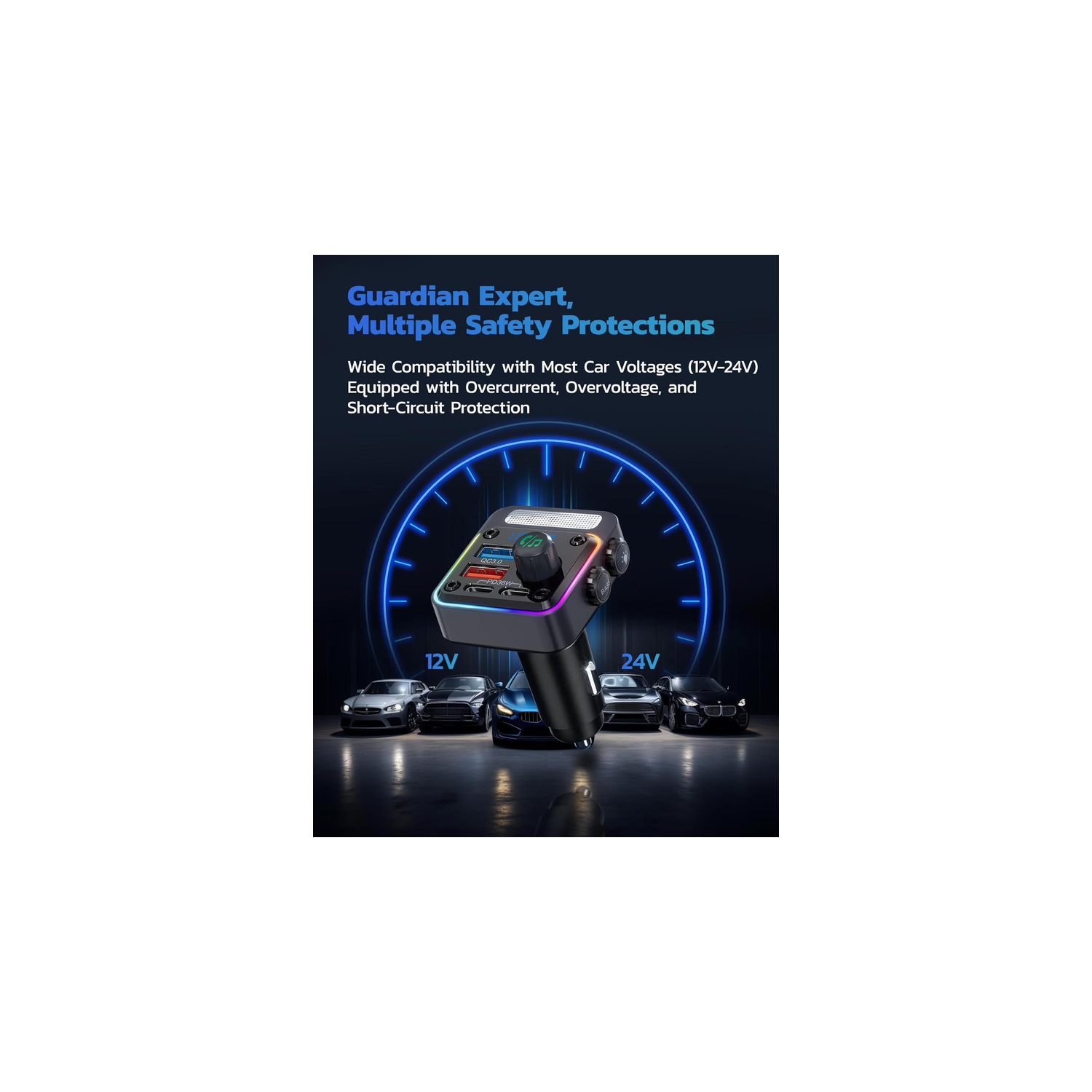 54W Bluetooth 5.3 Car Adapter with 4 Charging Ports [PD 36W & QC3.0 18W], Wireless Radio FM Transmitter with Deep Bass Player & 5 Colors LED Backlit,