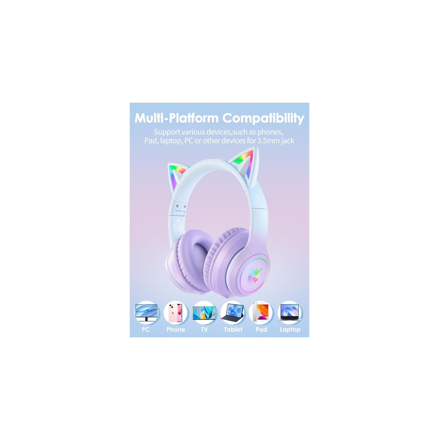 Cat Ear Bluetooth Headphones with Micphone for Kids & Adults, LED Light Up Wireless HI-FI Sound Quality, Over-Ear Headphones with Volume Control