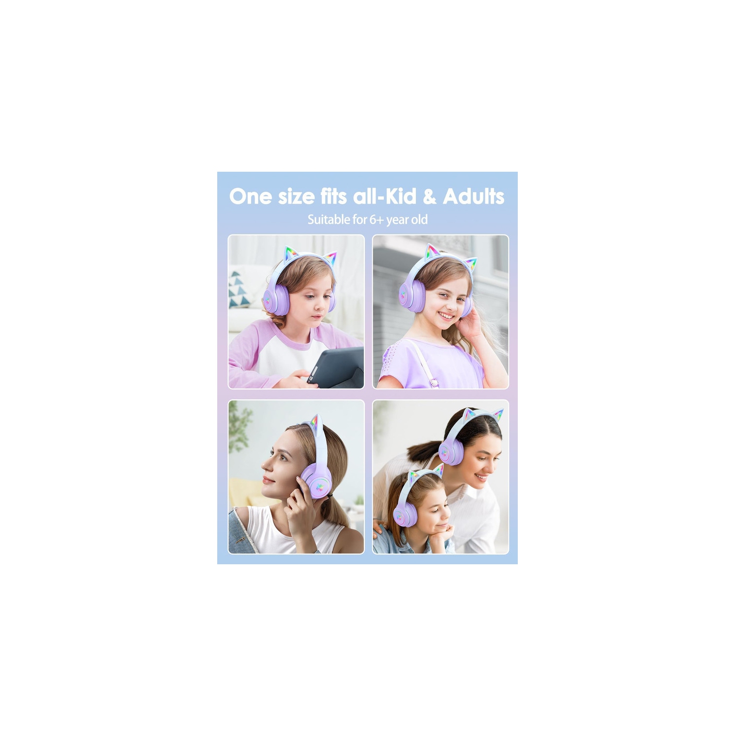 Cat Ear Bluetooth Headphones with Micphone for Kids & Adults, LED Light Up Wireless HI-FI Sound Quality, Over-Ear Headphones with Volume Control