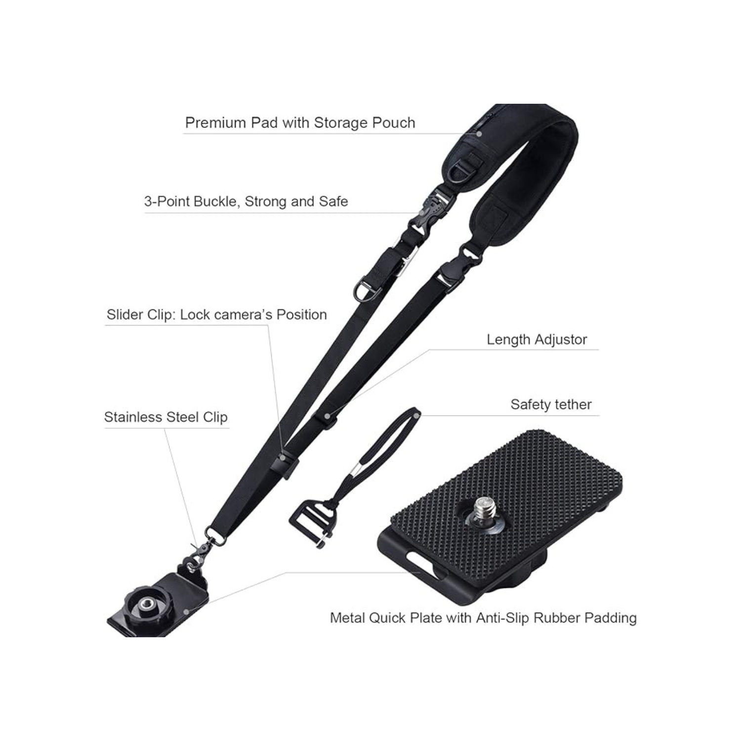 waka Camera Neck Strap Quick Release Safety Tether, Comfortable Durable Shoulder Sling Camera Strap, Black