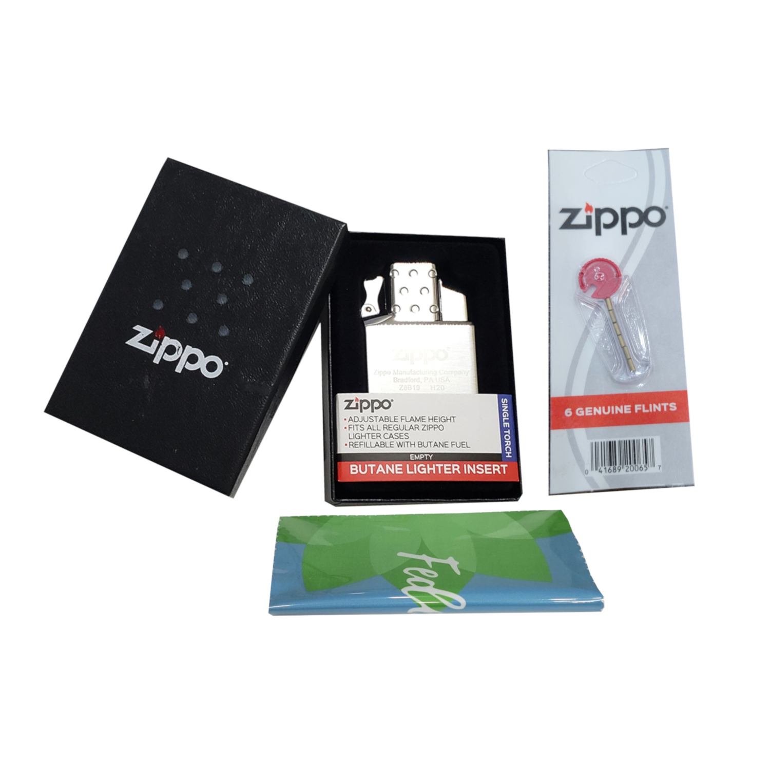 Zippo Single Torch Lighter Insert Plus Six Bonus Flints and a Microfiber Cleaning Cloth