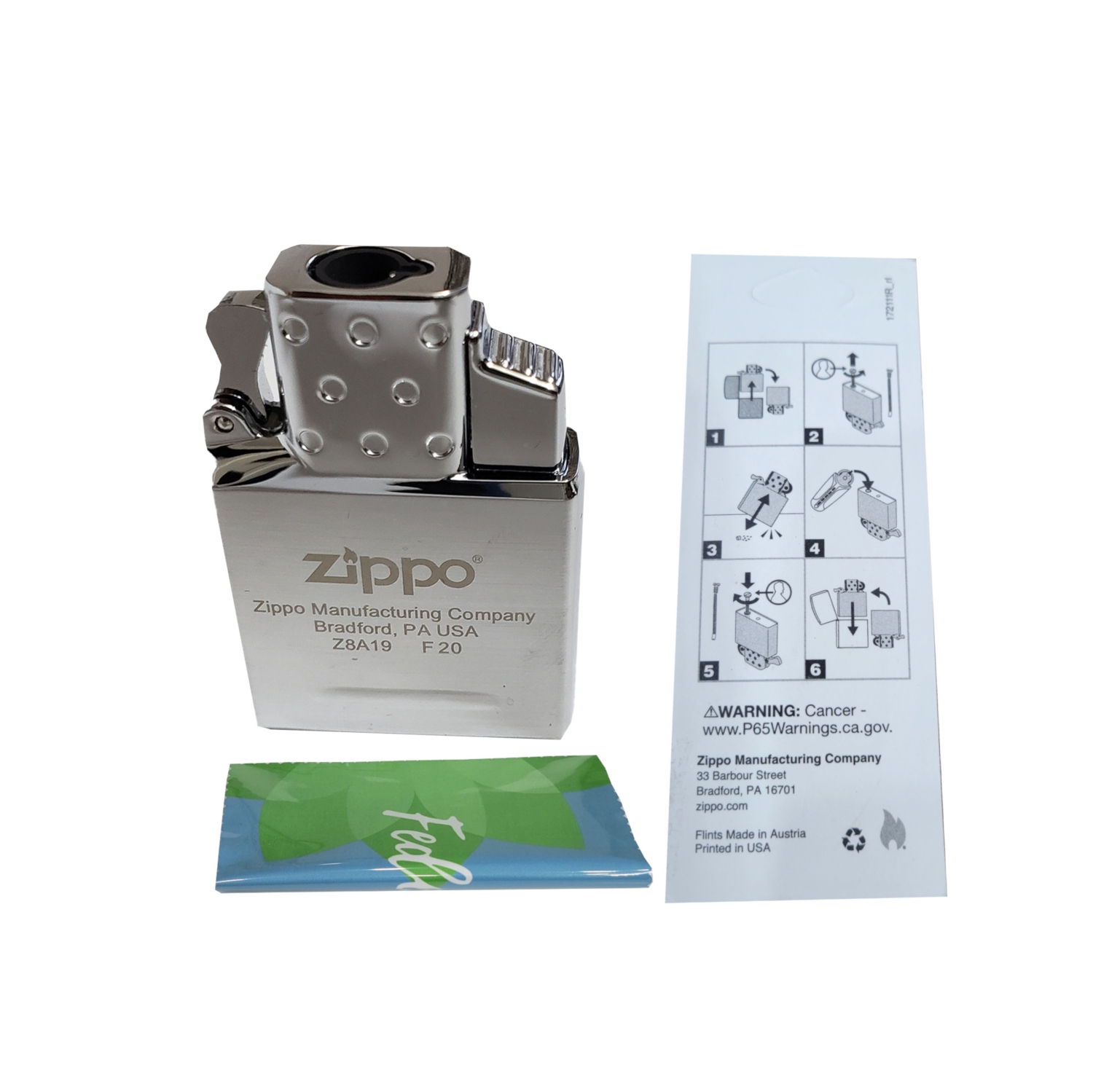 Zippo Single Torch Lighter Insert Plus Six Bonus Flints and a Microfiber Cleaning Cloth