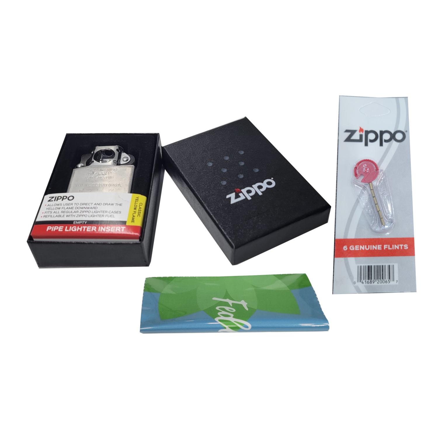 Empiècement pour allume-cigarette chromé de Zippo Plus six doublures en prime et un chiffon de nettoyage en microfibre