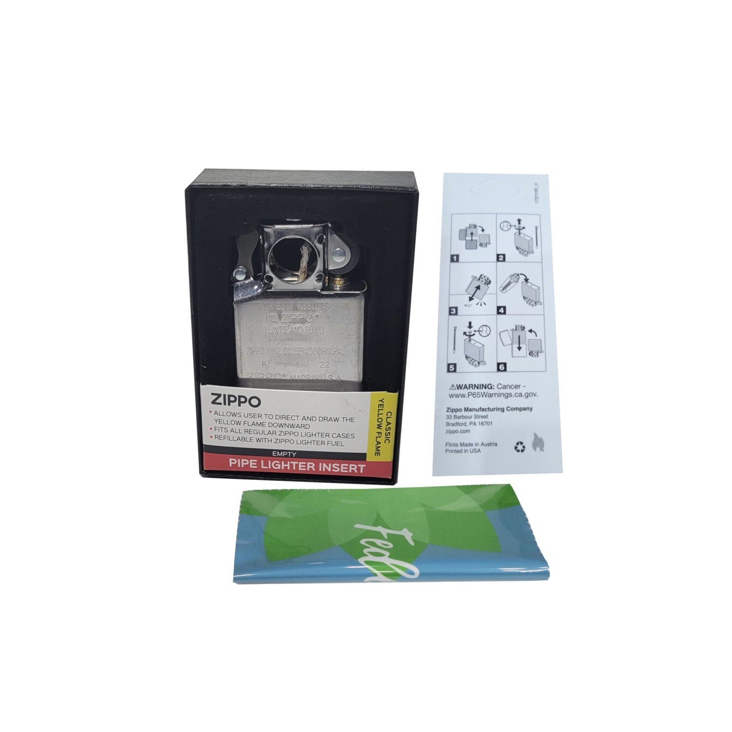 Empiècement pour allume-cigarette chromé de Zippo Plus six doublures en prime et un chiffon de nettoyage en microfibre