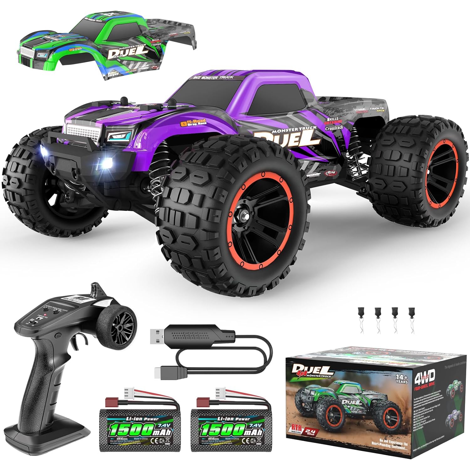 1:14 RC Car, Fast Remote Control Truck, 39 km/h High-Speed 4x4 Off-Road Monster Truck, Waterproof, Comes with 2 Batteries for Boys and Adults!