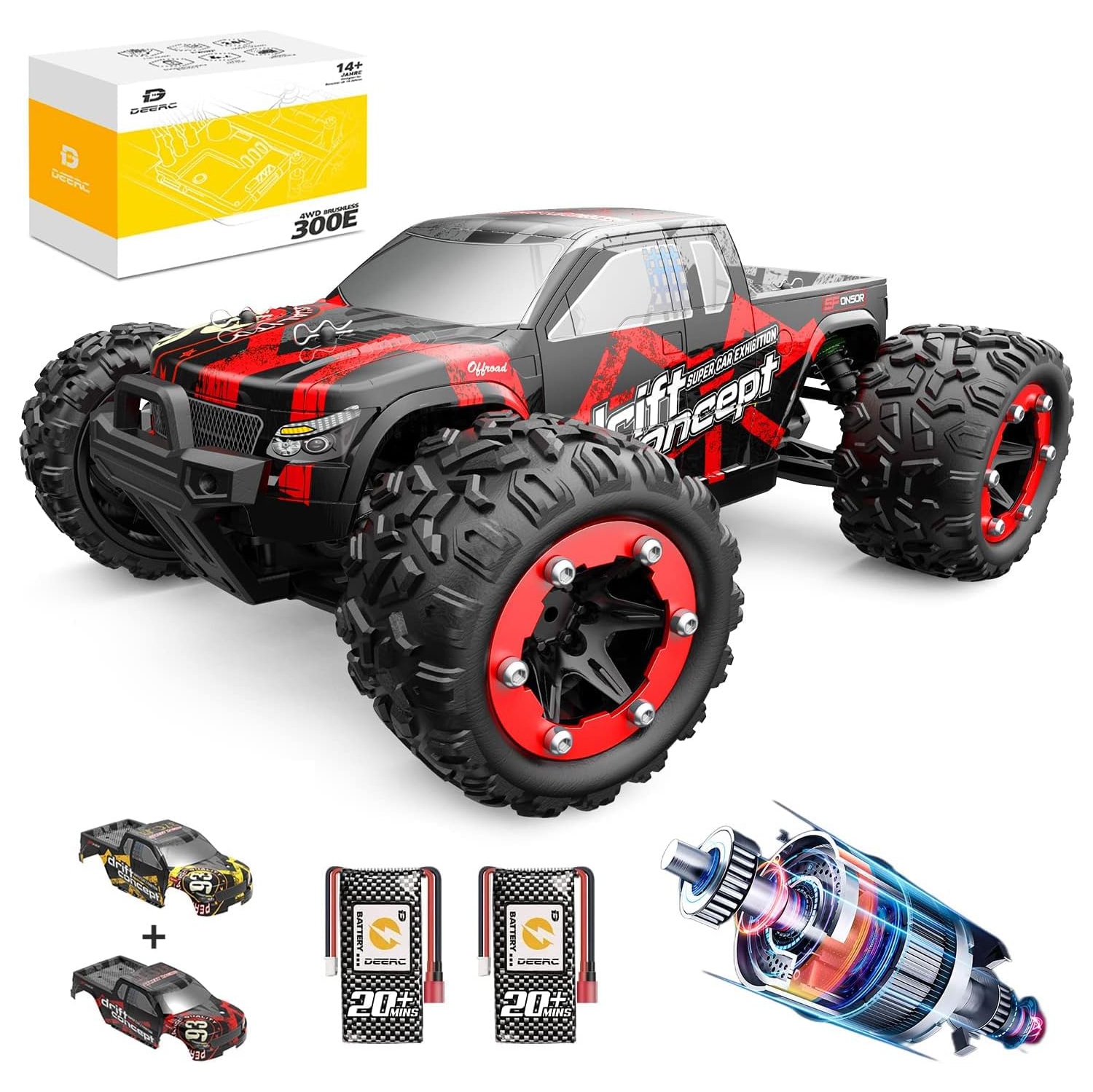 High-Speed Remote Control Monster Truck, 60 KM/H, 4WD, 1:18 Scale, Off-Road with Extra Shell and 2 Batteries for 40+ Minutes of Play.