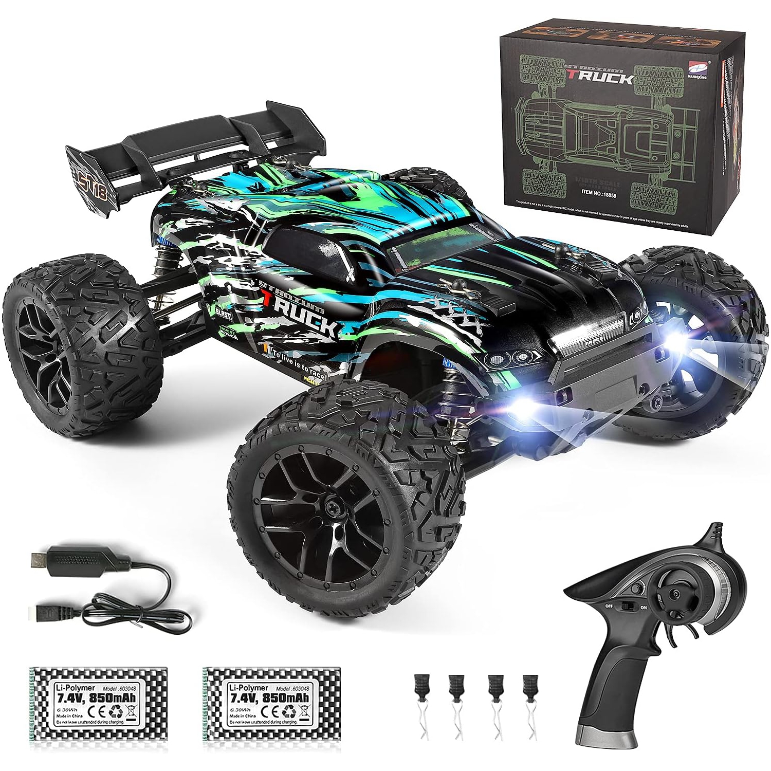 RC Car, 36+ km/h High-Speed 4WD 1:18 Scale Waterproof Monster Truck, LED Lights, Remote Control Off-Road Vehicle with 2 Rechargeable Batteries, Ready to Run for Kids and Adults!