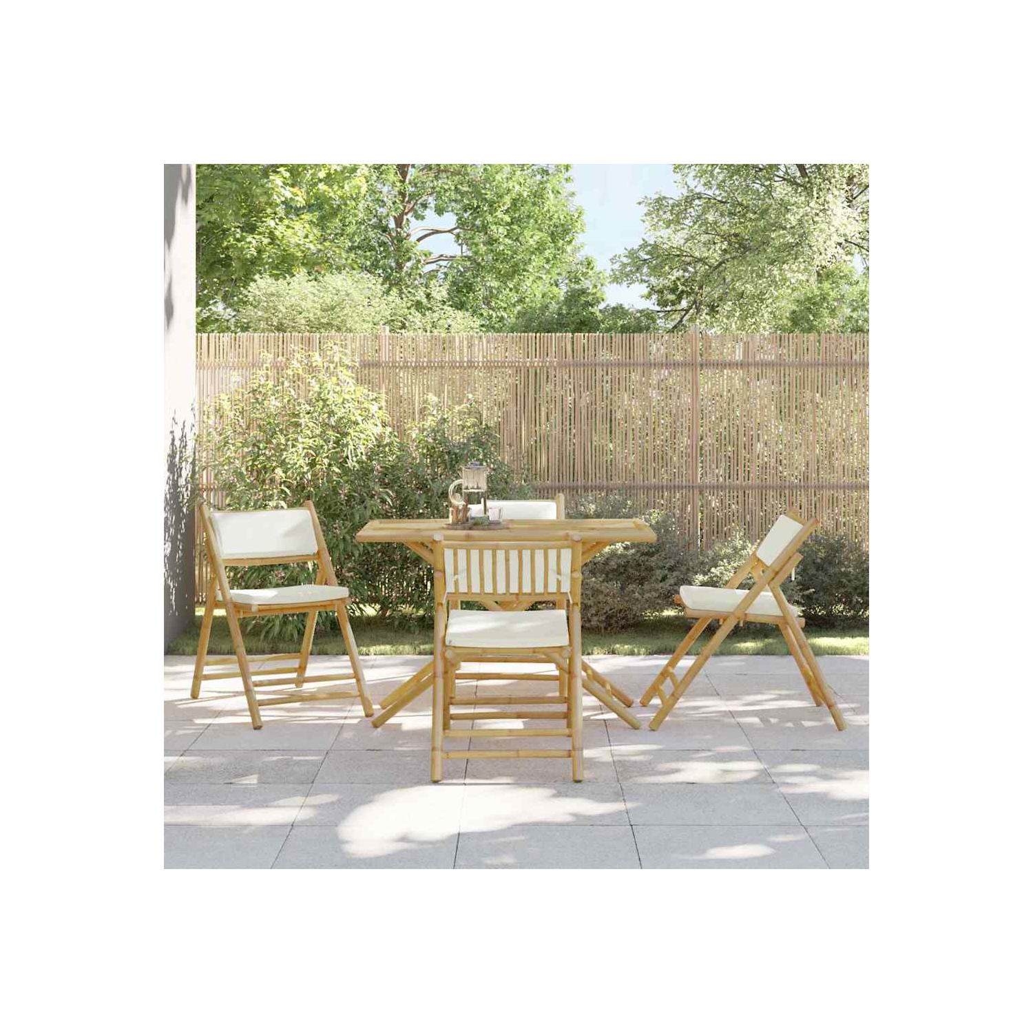 vidaXL 4 Piece Folding Bistro Chairs with Cream White Cushions Bamboo