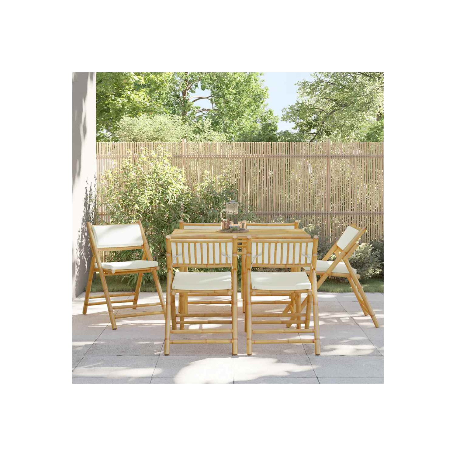 vidaXL 6 Piece Folding Bistro Chairs with Cream White Cushions Bamboo