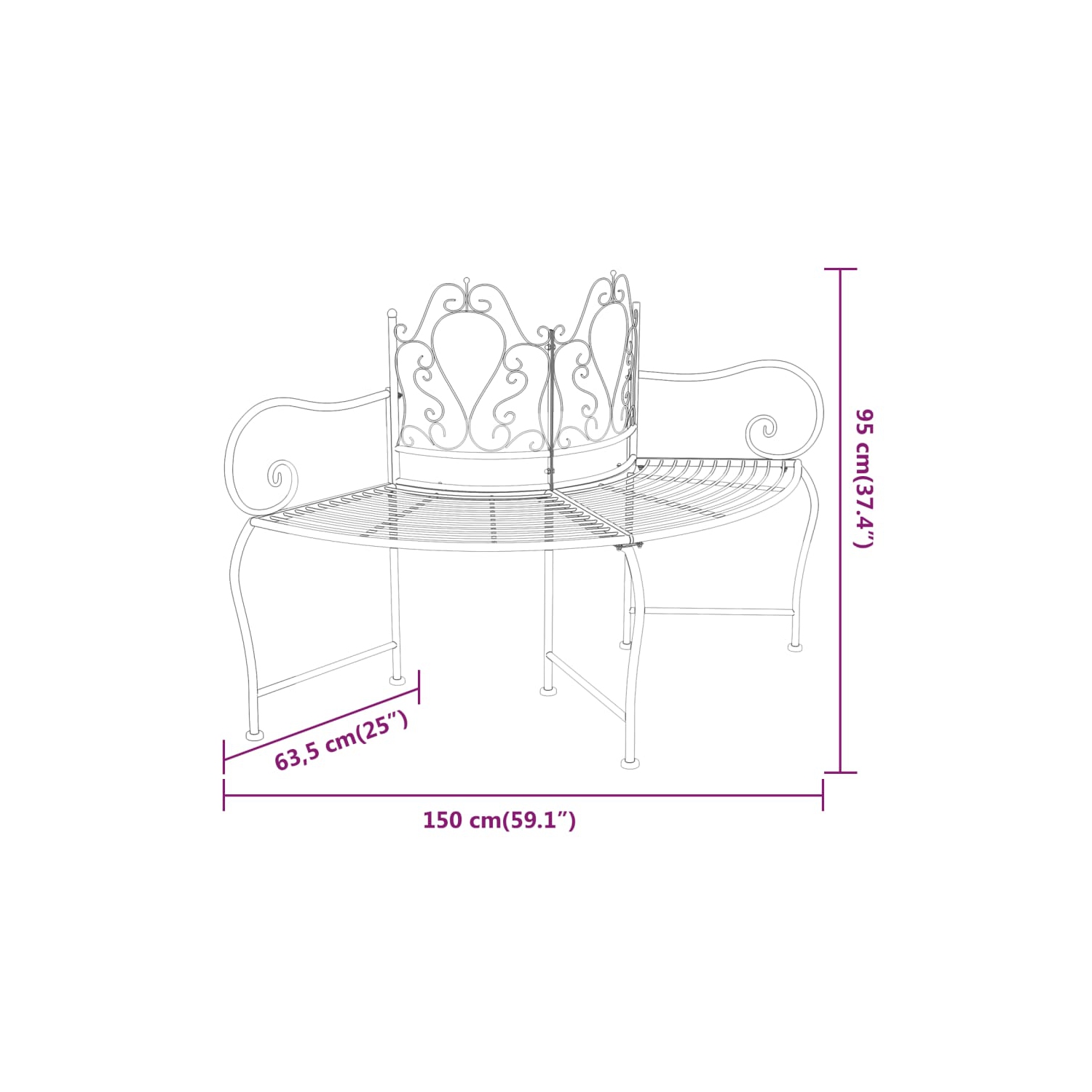 Banc d'arbre vidaXL en acier noir 150&nbsp;cm
