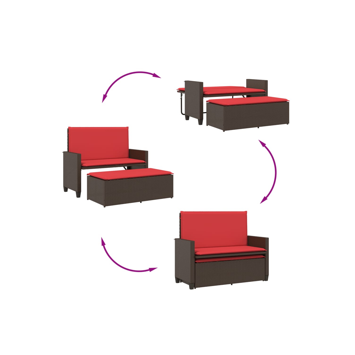 vidaXL Garden Bench with Cushions and Footstool Brown Poly Rattan