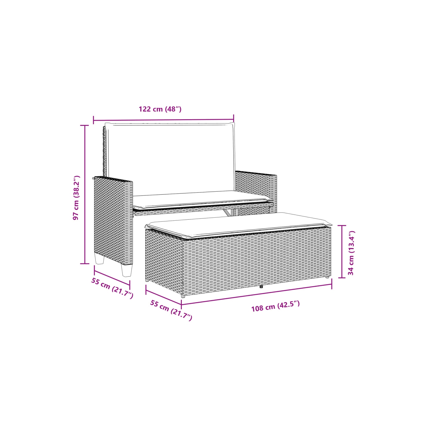 vidaXL Garden Bench with Cushions and Footstool Brown Poly Rattan