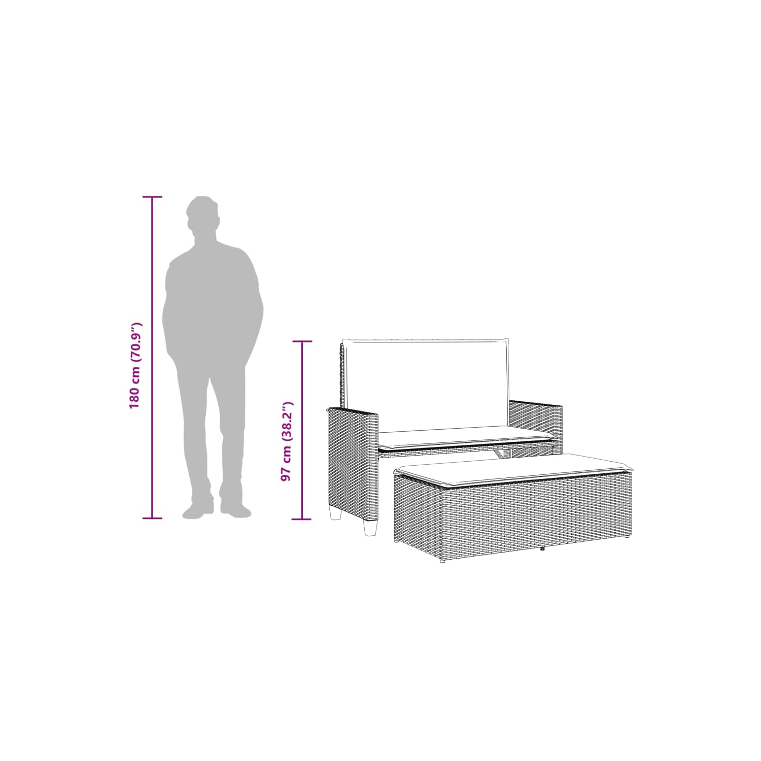 vidaXL Garden Bench with Cushions and Footstool Brown Poly Rattan
