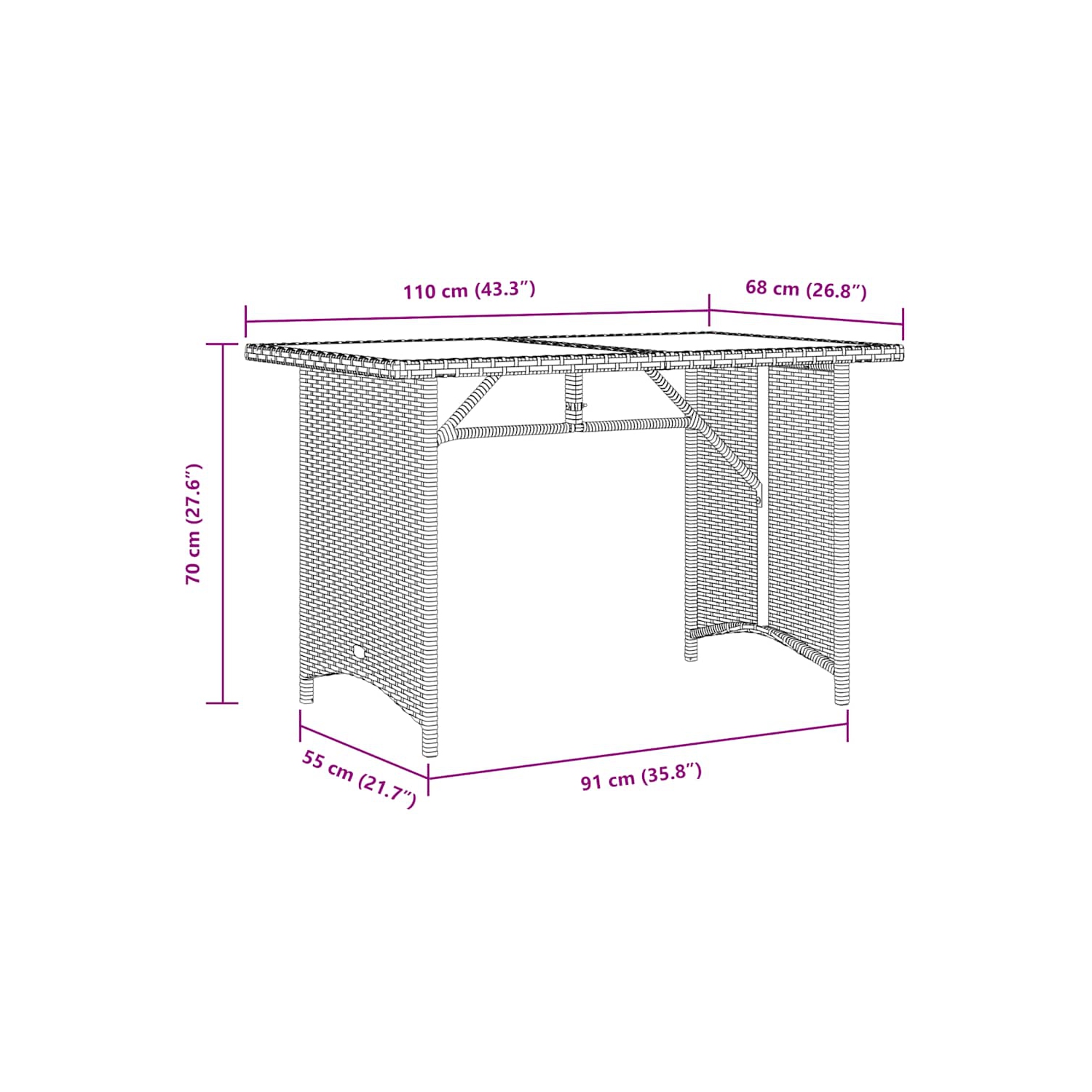 vidaXL Garden Table with Glass Top Grey 110x68x70 cm Poly Rattan