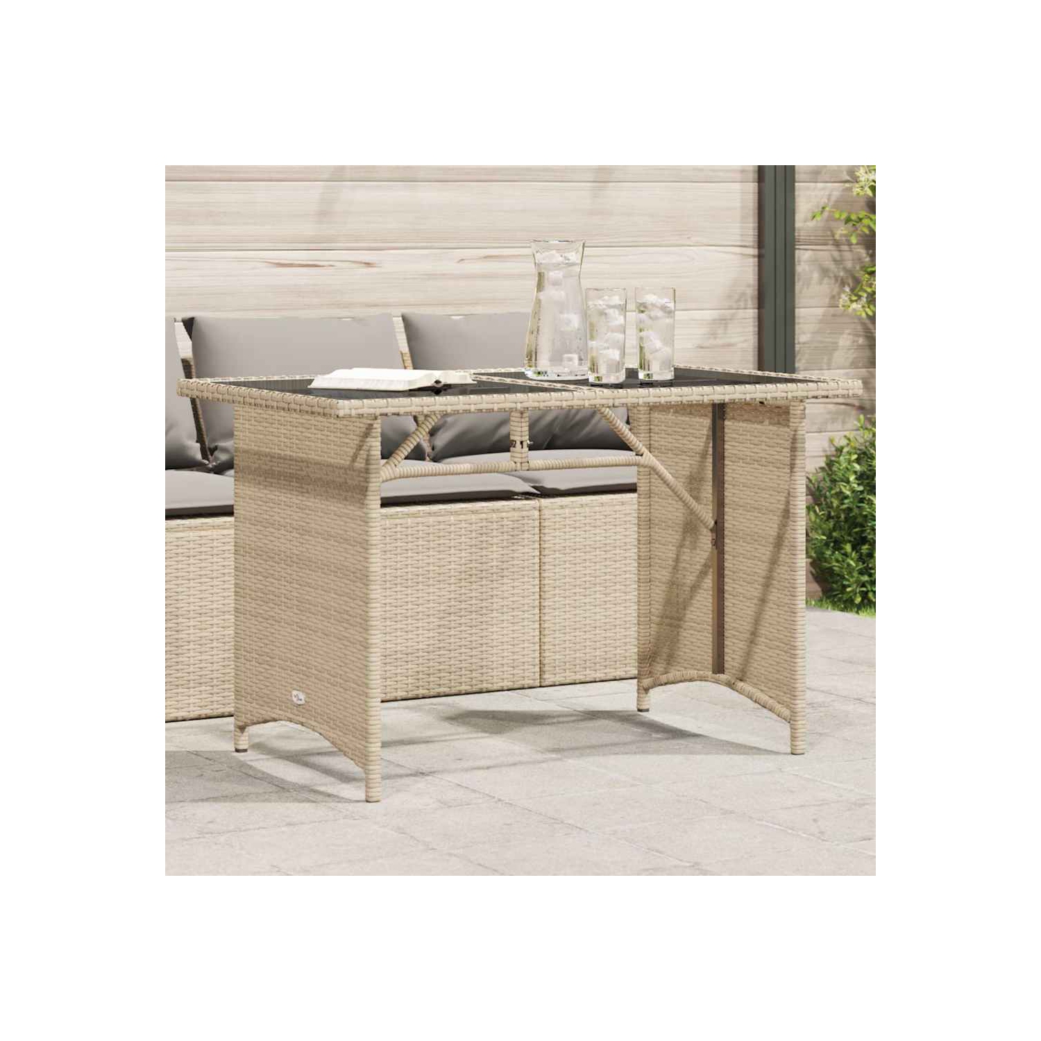 vidaXL Garden Table with Glass Top Beige 110x68x70 cm Poly Rattan