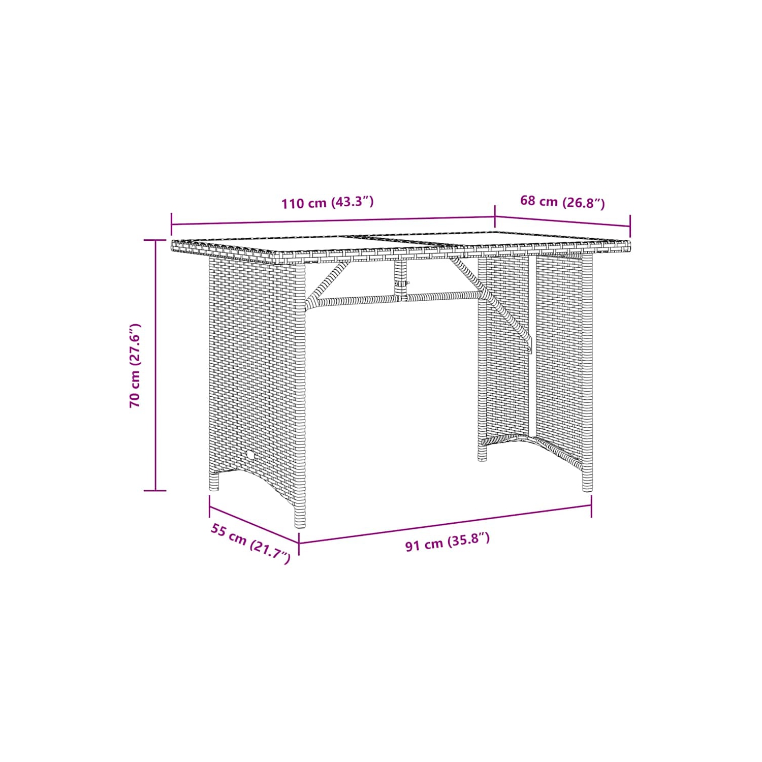 vidaXL Garden Table with Glass Top Beige 110x68x70 cm Poly Rattan