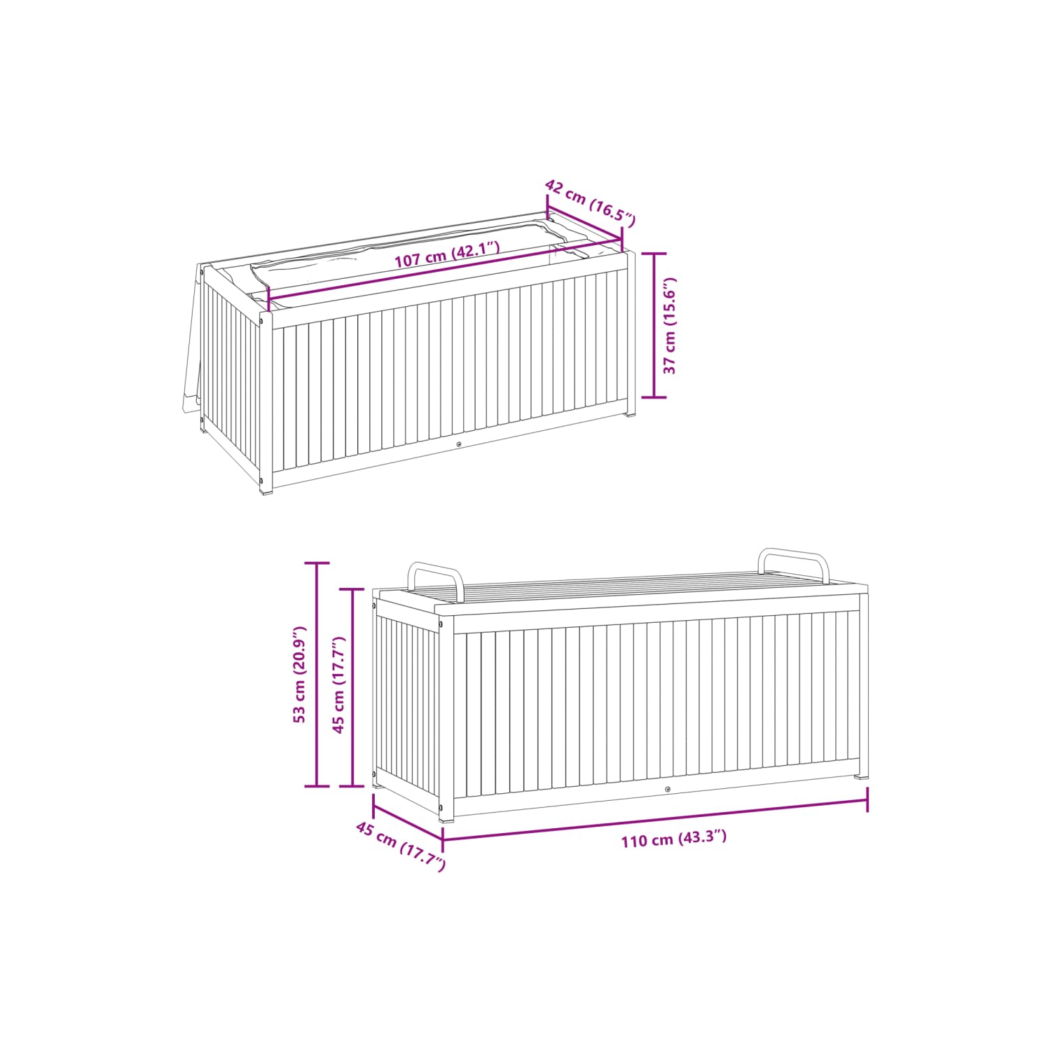 vidaXL Outdoor Cushion Box 110x45x42/53 cm Solid Wood Acacia and Steel