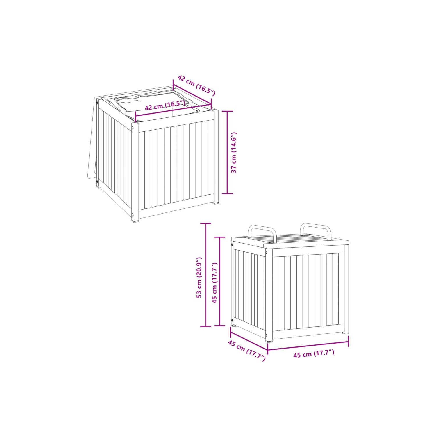 vidaXL Outdoor Cushion Box 45x45x45/53 cm Solid Wood Acacia and Steel