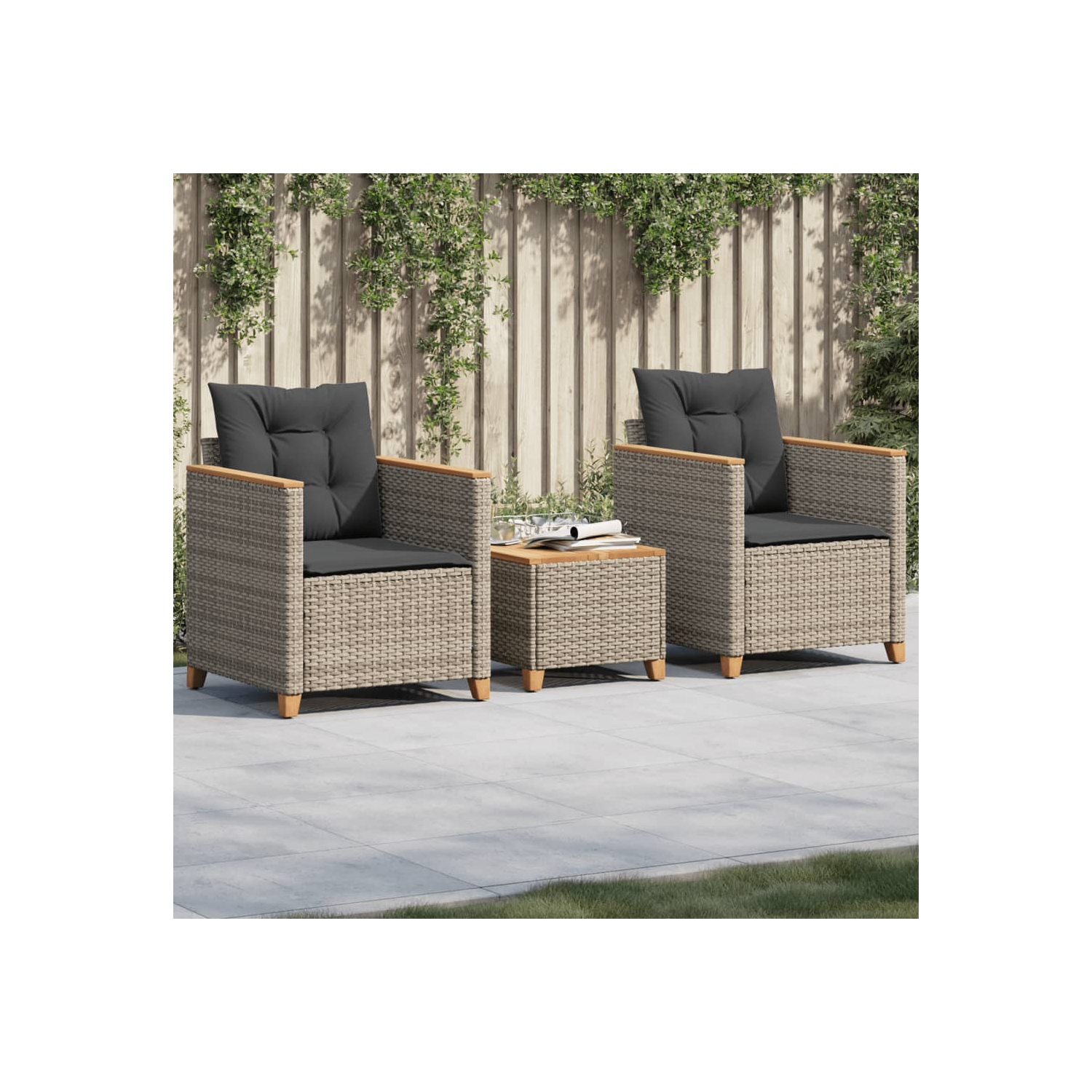 vidaXL 3 Piece Bistro Set with Cushions Grey Poly Rattan Acacia Wood