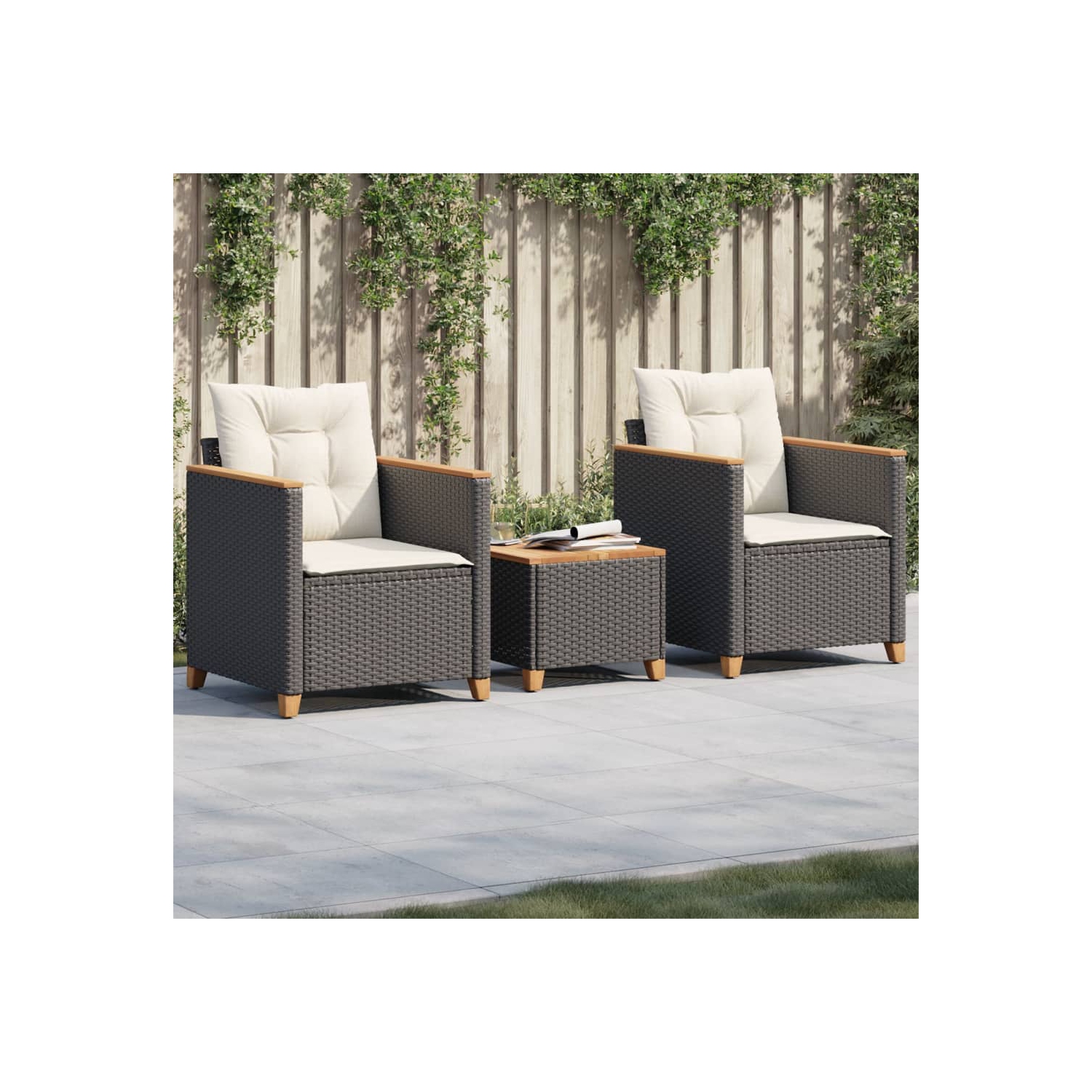 vidaXL 3 Piece Bistro Set with Cushions Black Poly Rattan Acacia Wood