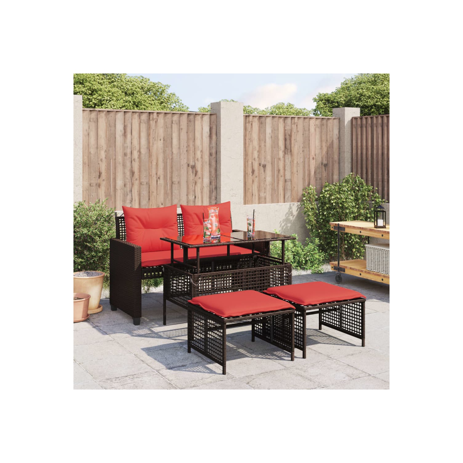 vidaXL 4 Piece Garden Sofa Set with Cushions Brown Poly Rattan Glass