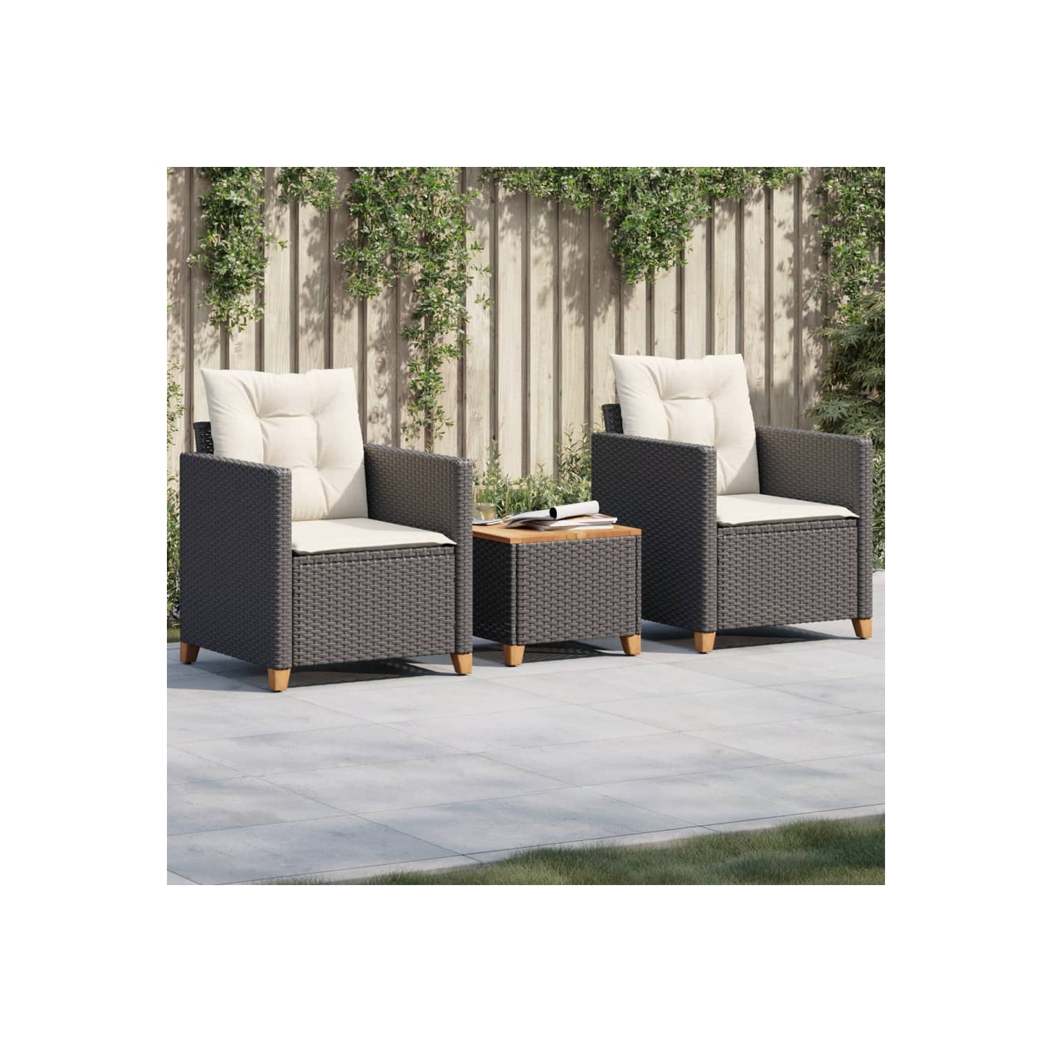 vidaXL 3 Piece Bistro Set with Cushions Black Poly Rattan Acacia Wood