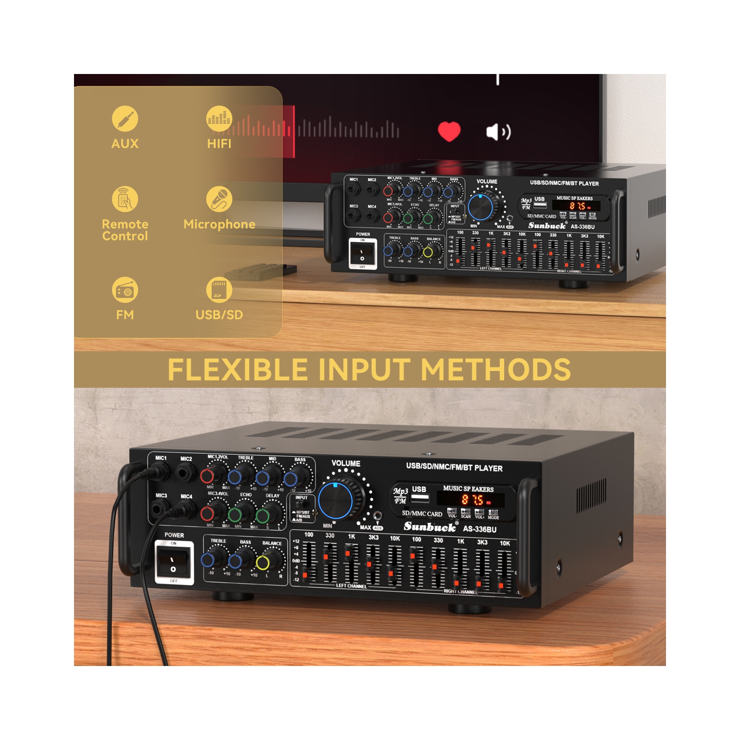 TOPTENG 2000W Bluetooth 5.0 HiFi Stereo Power Amplifier- Audio Receiver for Home Theater & Car Audio with Subwoofer, USB/SD/AUX, FM Radio, Karaoke