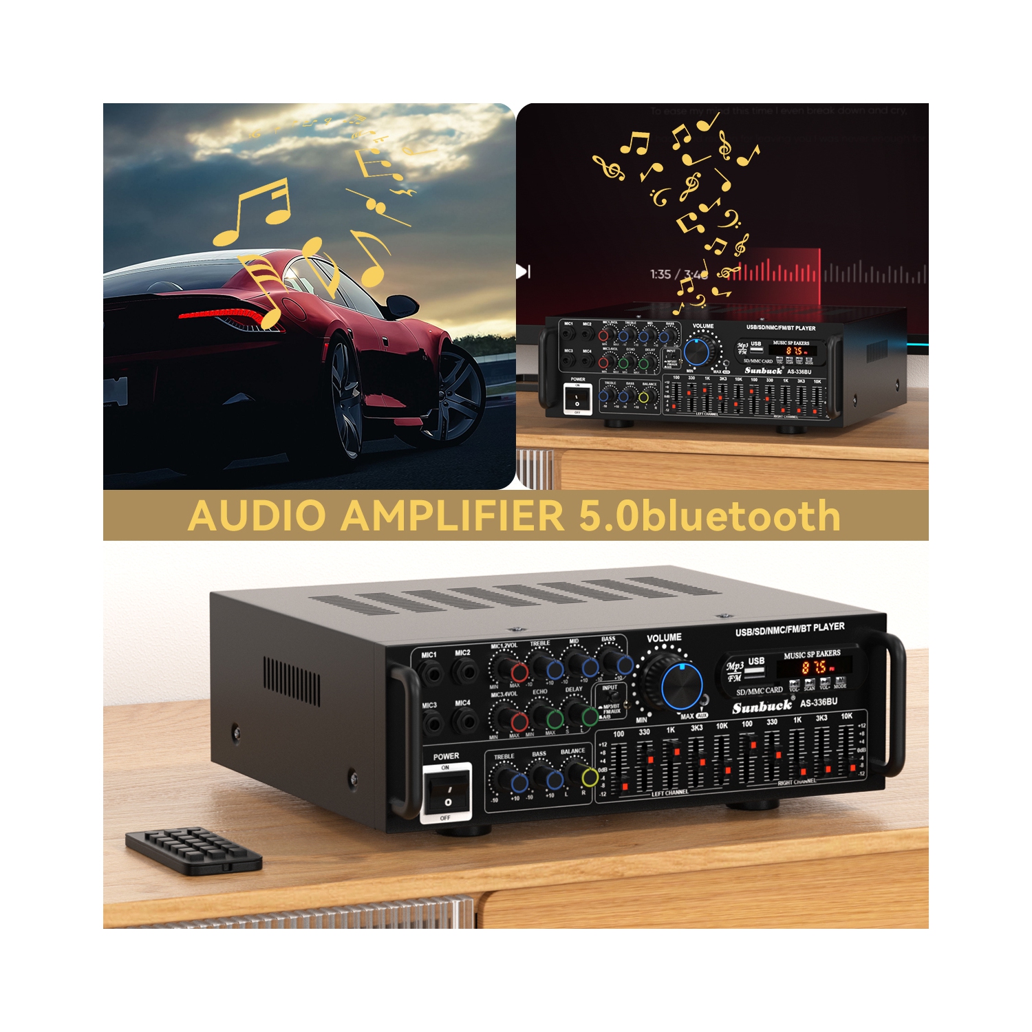 TOPTENG 2000W Bluetooth 5.0 HiFi Stereo Power Amplifier- Audio Receiver for Home Theater & Car Audio with Subwoofer, USB/SD/AUX, FM Radio, Karaoke