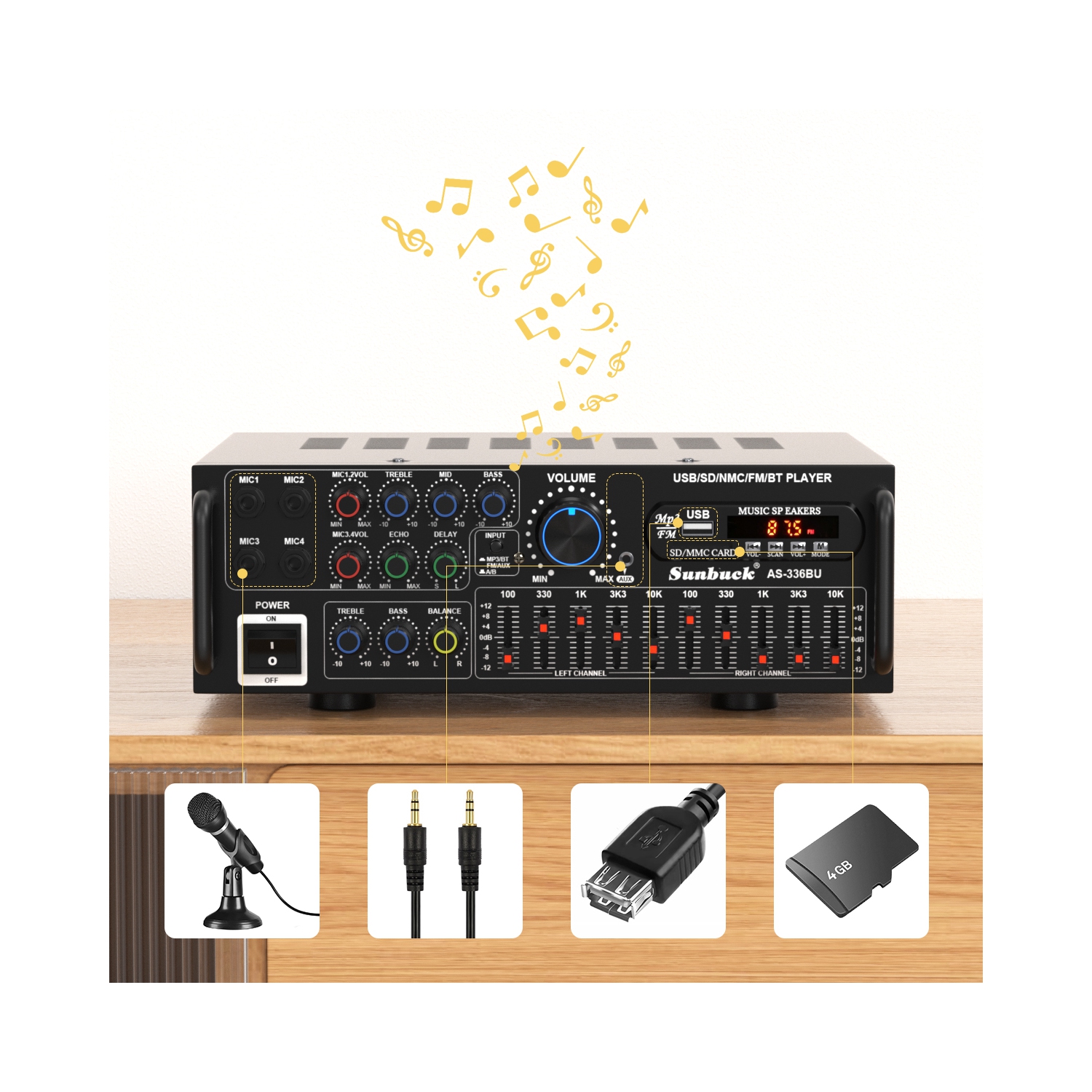 TOPTENG 2000W Bluetooth 5.0 HiFi Stereo Power Amplifier- Audio Receiver for Home Theater & Car Audio with Subwoofer, USB/SD/AUX, FM Radio, Karaoke