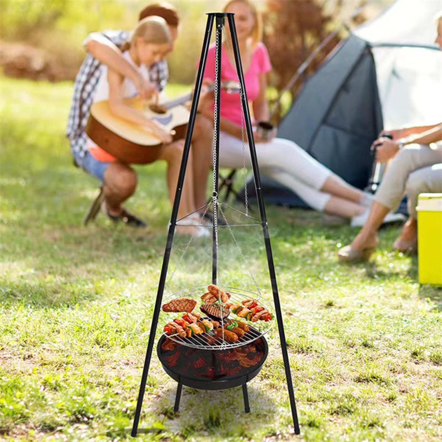 TOPTENG Portable Camping Fire Pit, Height-Adjustable Outdoor Tripod with Stainless Steel BBQ Net, Charcoal Grill, and Garden Patio Heater for