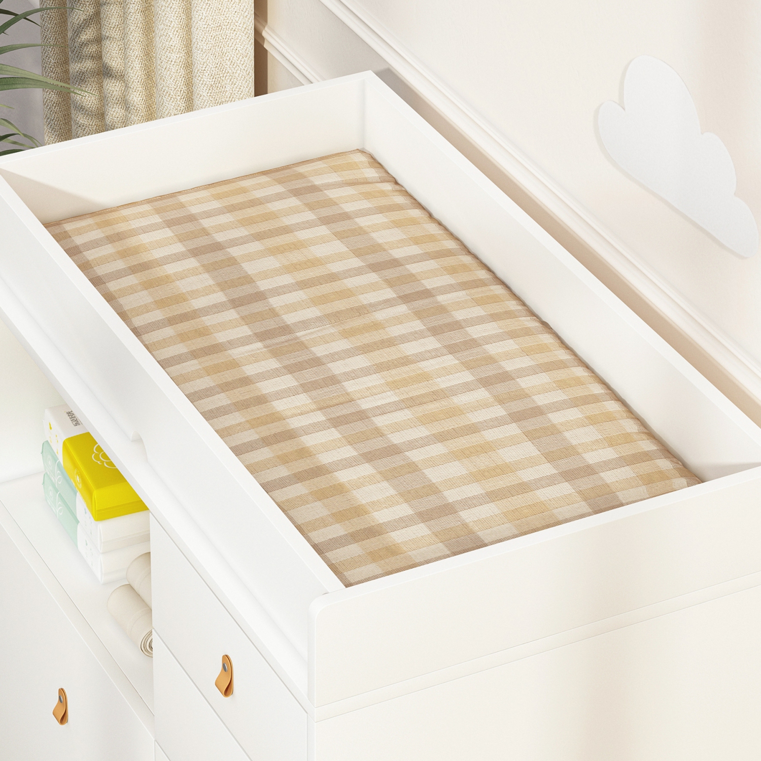 Famapy Classic White Changing Table with Ample Storage, Built-in Shelves, and Pull-Out Laundry Basket(33.5” W x 18” D x37” H) White