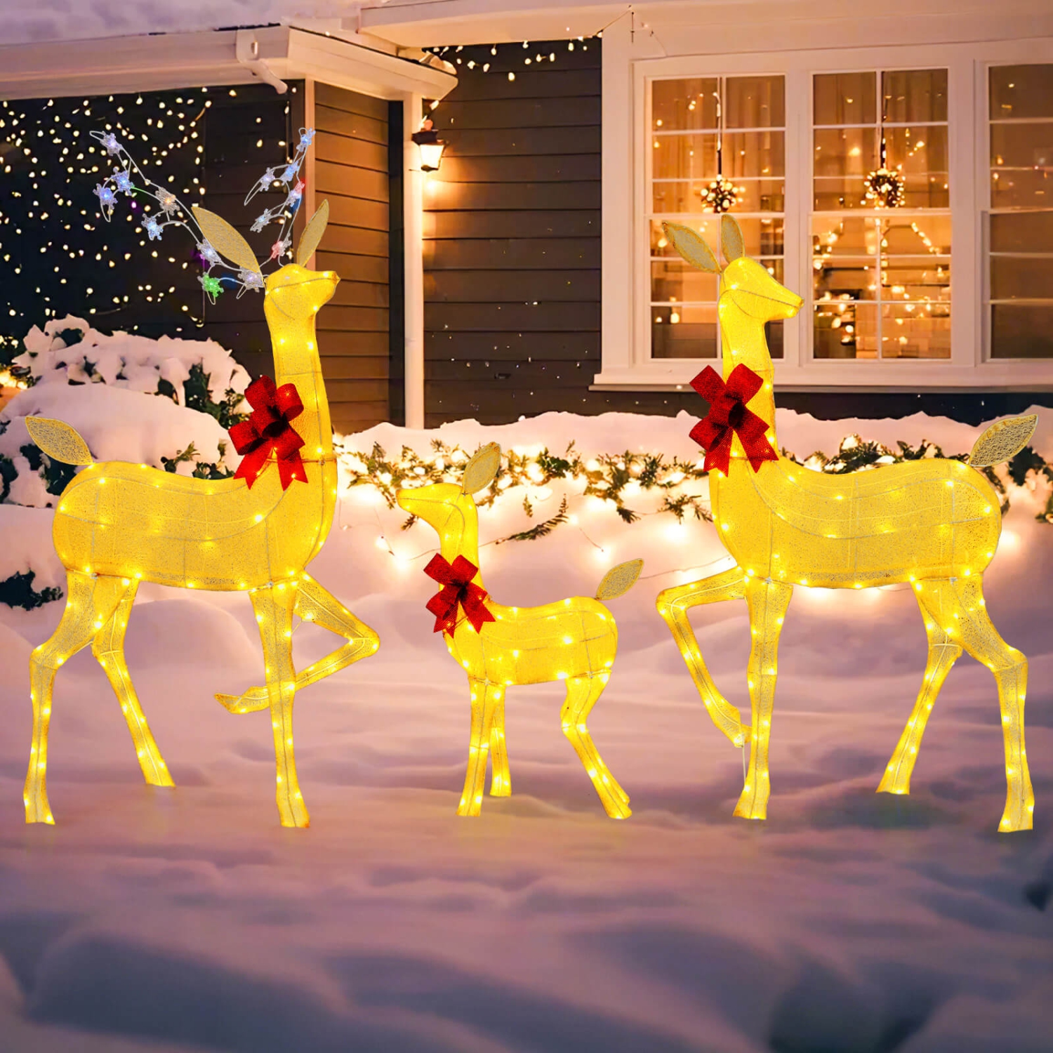 Costway 3 PCS Lighted Family Deer Set with LED Lights RGB Flashing Lights 12 Ground Stakes
