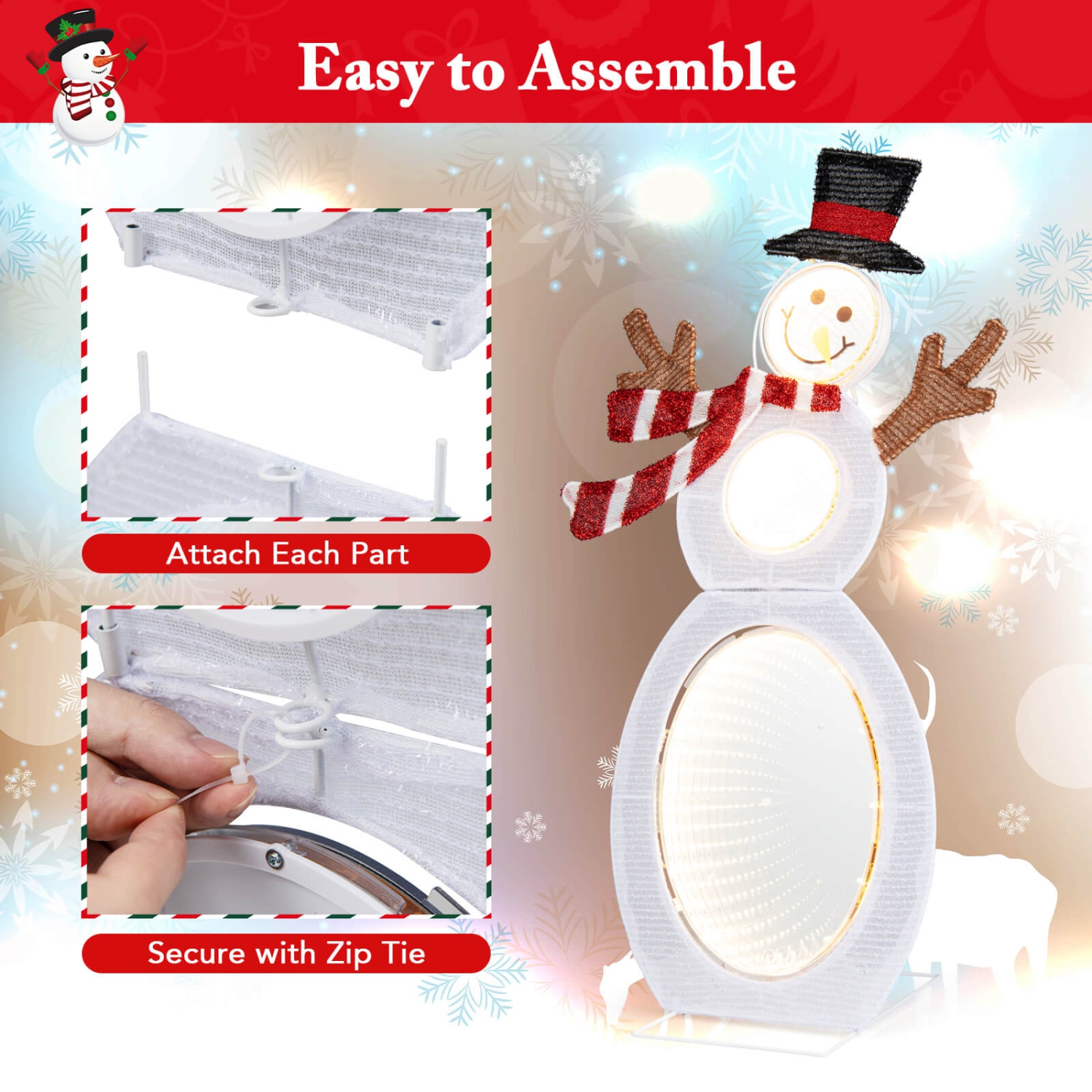 Costway 2.6 FT Lighted Snowman with 105 Built-in LED Lights Metal Stand Zip Tie Stakes