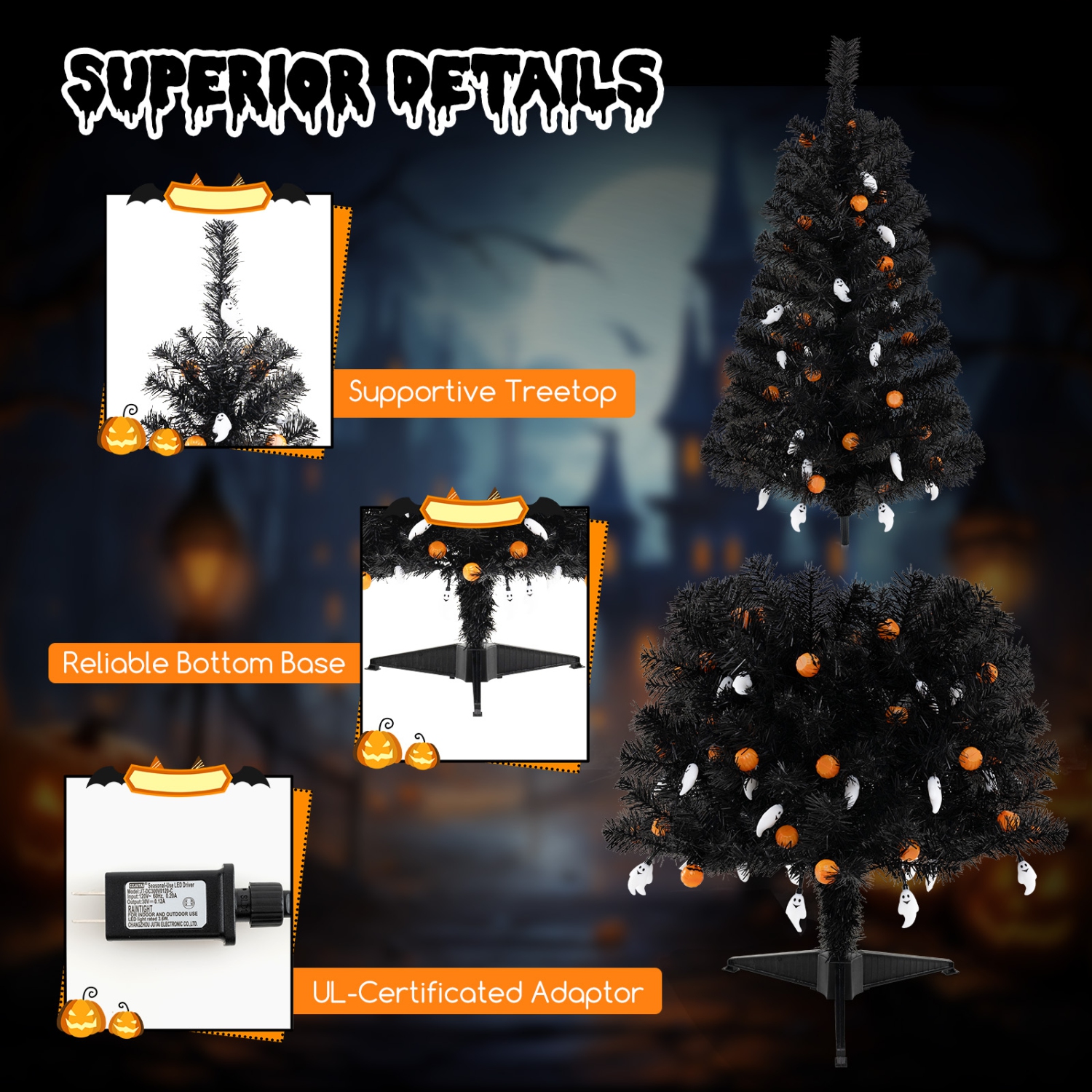 Arbre d'Halloween artificiel de 4,5 pi de Costway avec 281 pointes de branches, 65 citrouilles orange