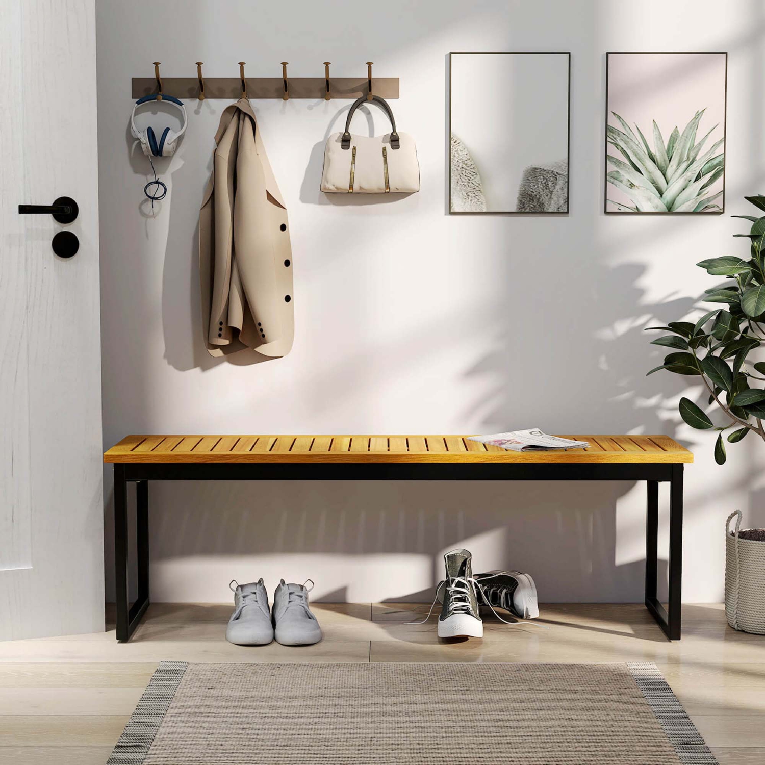 Costway 51" Wooden Outdoor Bench Patio Dining Bench with Acacia Wood Seat Natural