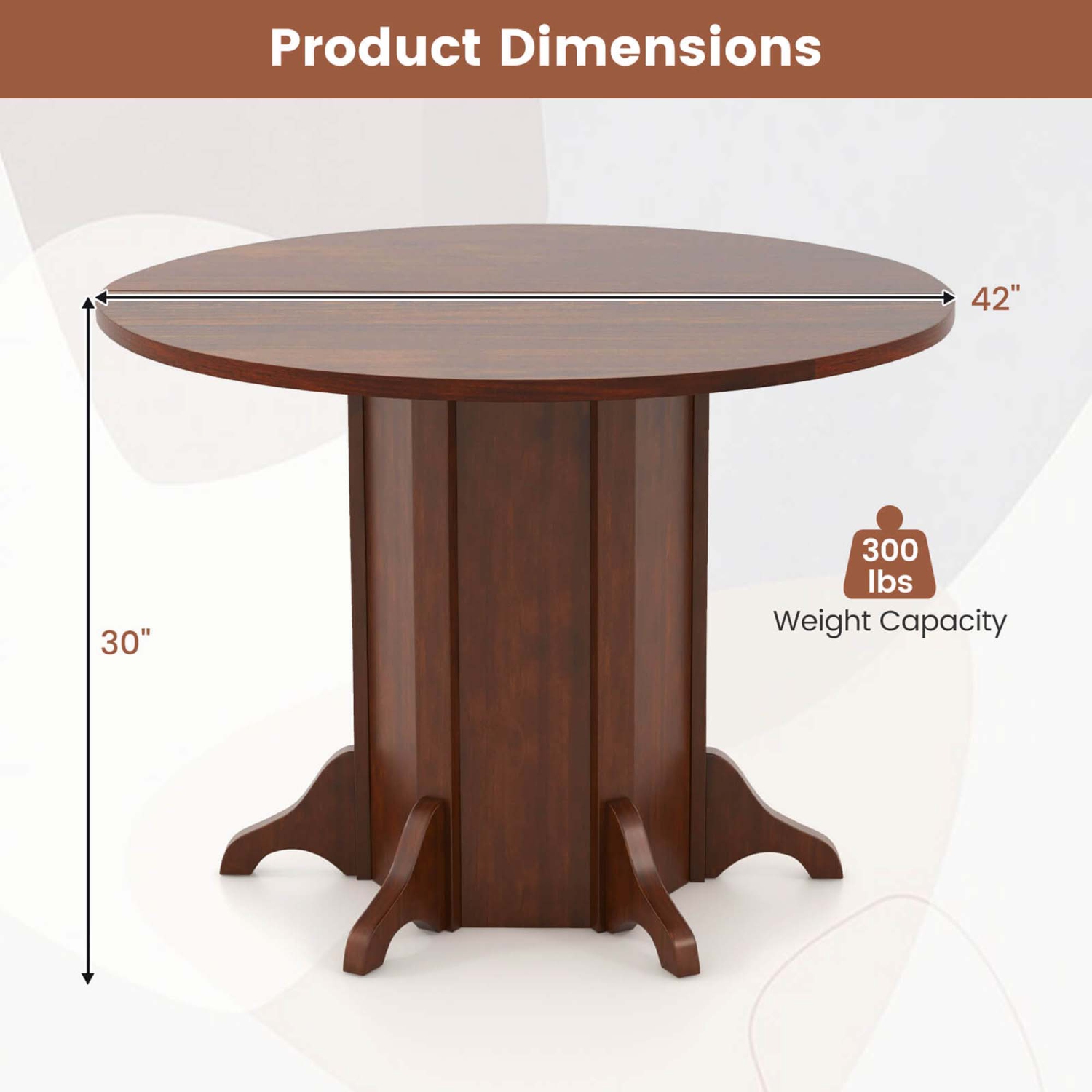 Costway 42" Wooden Kitchen Table Round Dining Table with Pedestal Base for 4-6 People