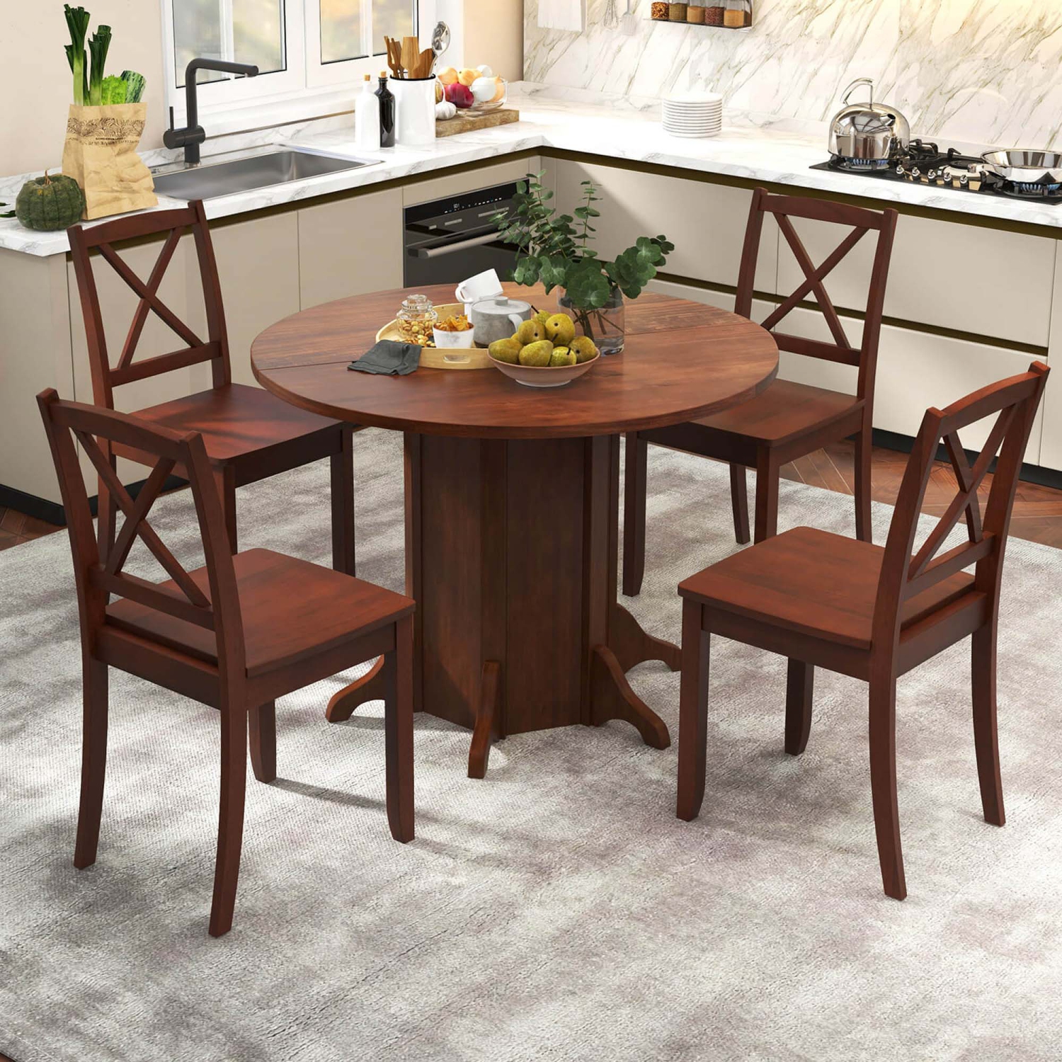 Costway 42" Wooden Kitchen Table Round Dining Table with Pedestal Base for 4-6 People