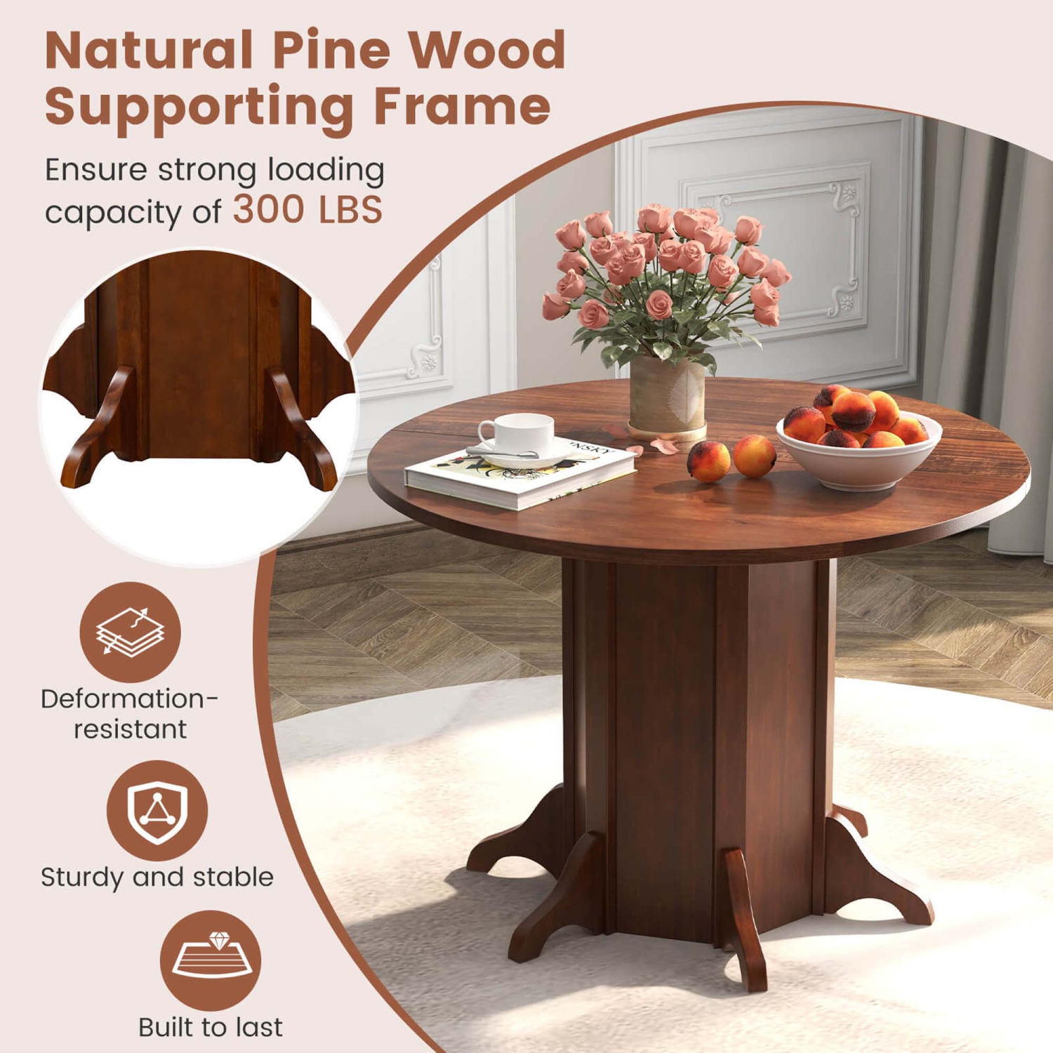 Costway 42" Wooden Kitchen Table Round Dining Table with Pedestal Base for 4-6 People