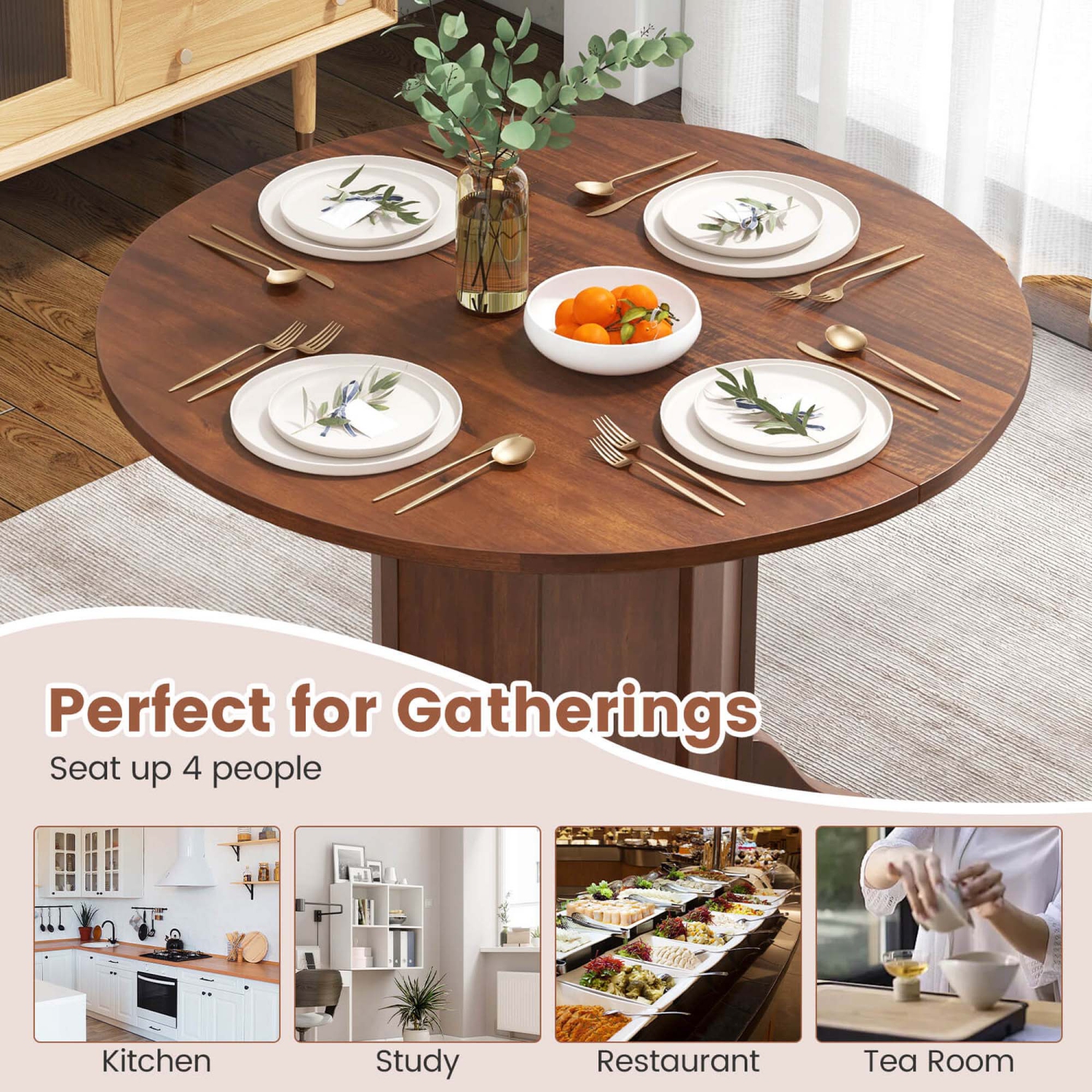 Costway 42" Wooden Kitchen Table Round Dining Table with Pedestal Base for 4-6 People