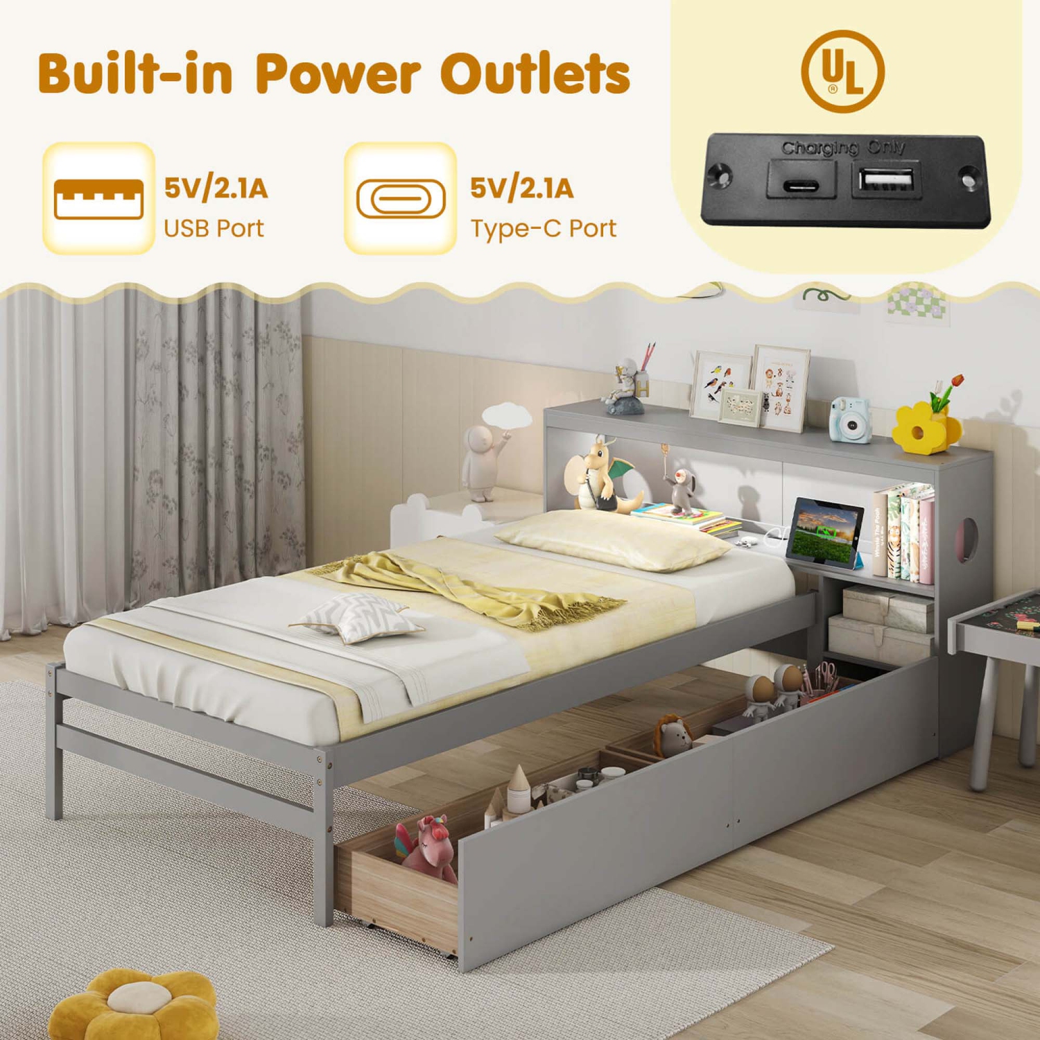 Cadre de lit jumeau avec éclairage DEL et tiroirs de tête de lit bibliothèque à prise électrique de Costway